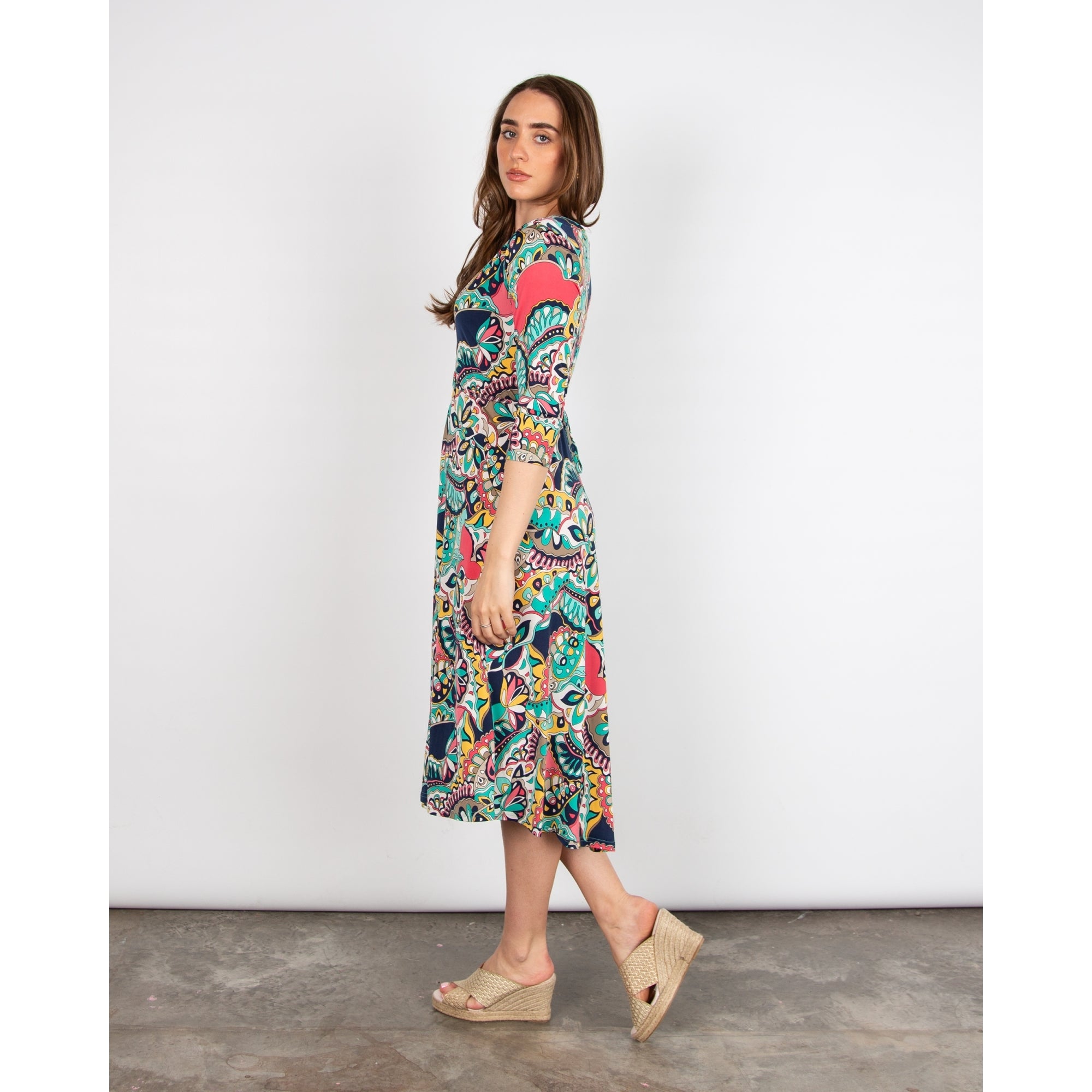 Onjenu Amy Abstract Print V Neck Tie Waist Jersey Dress Iris Aqua