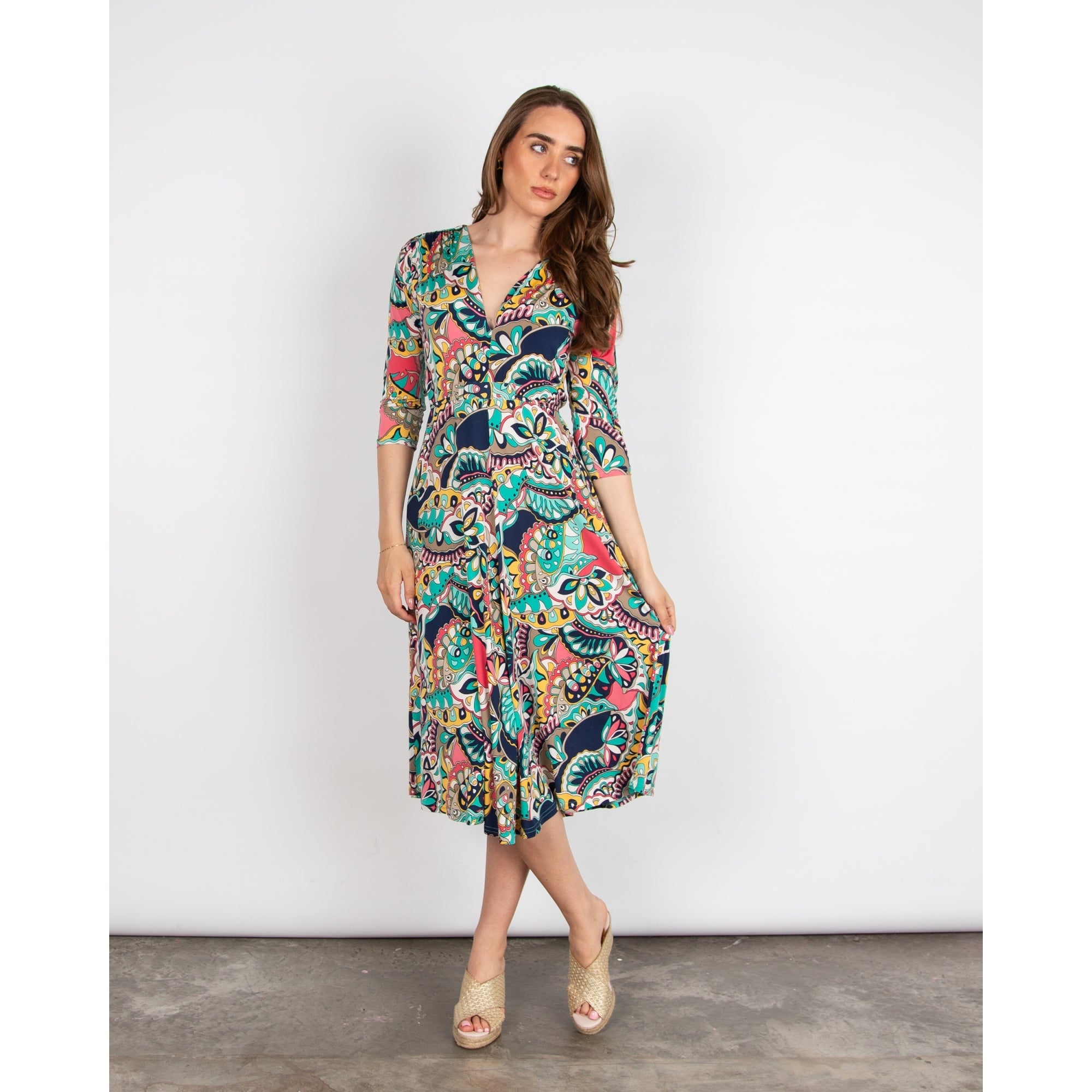 Onjenu Amy Abstract Print V Neck Tie Waist Jersey Dress Iris Aqua