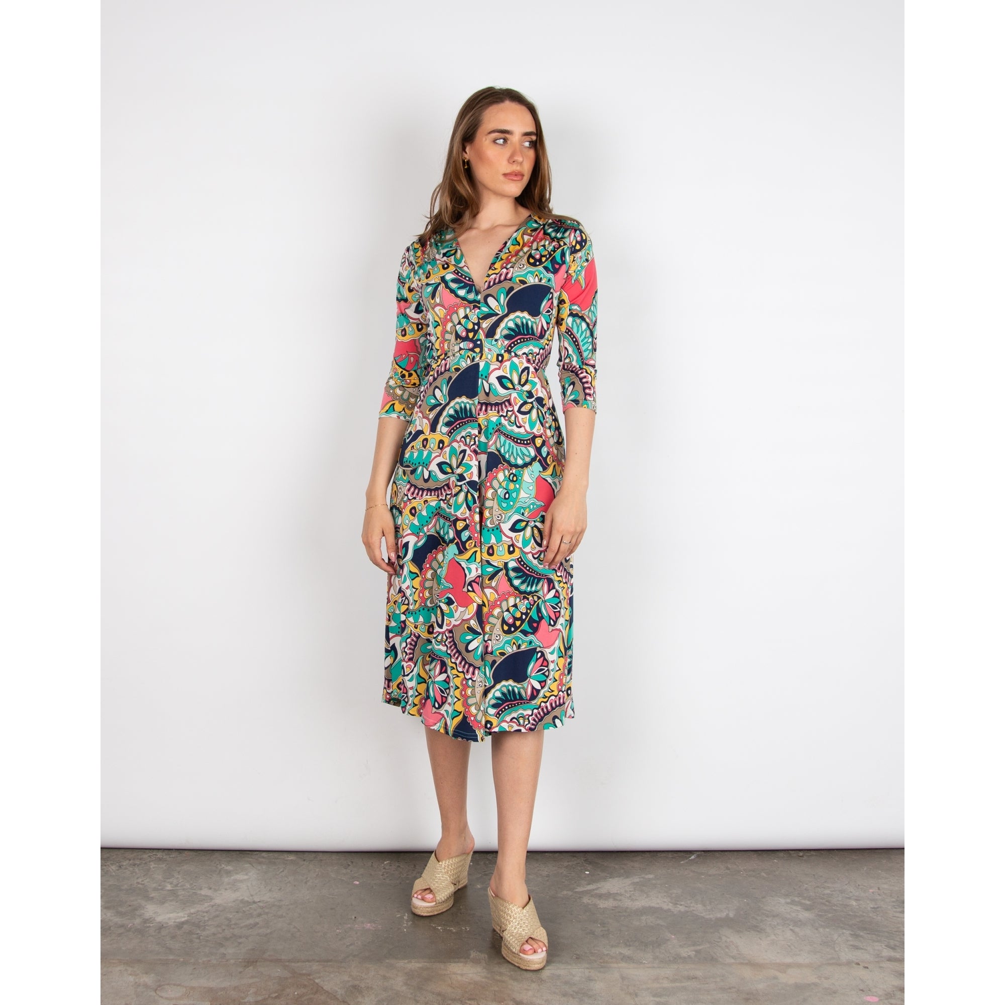 Onjenu Amy Abstract Print V Neck Tie Waist Jersey Dress Iris Aqua
