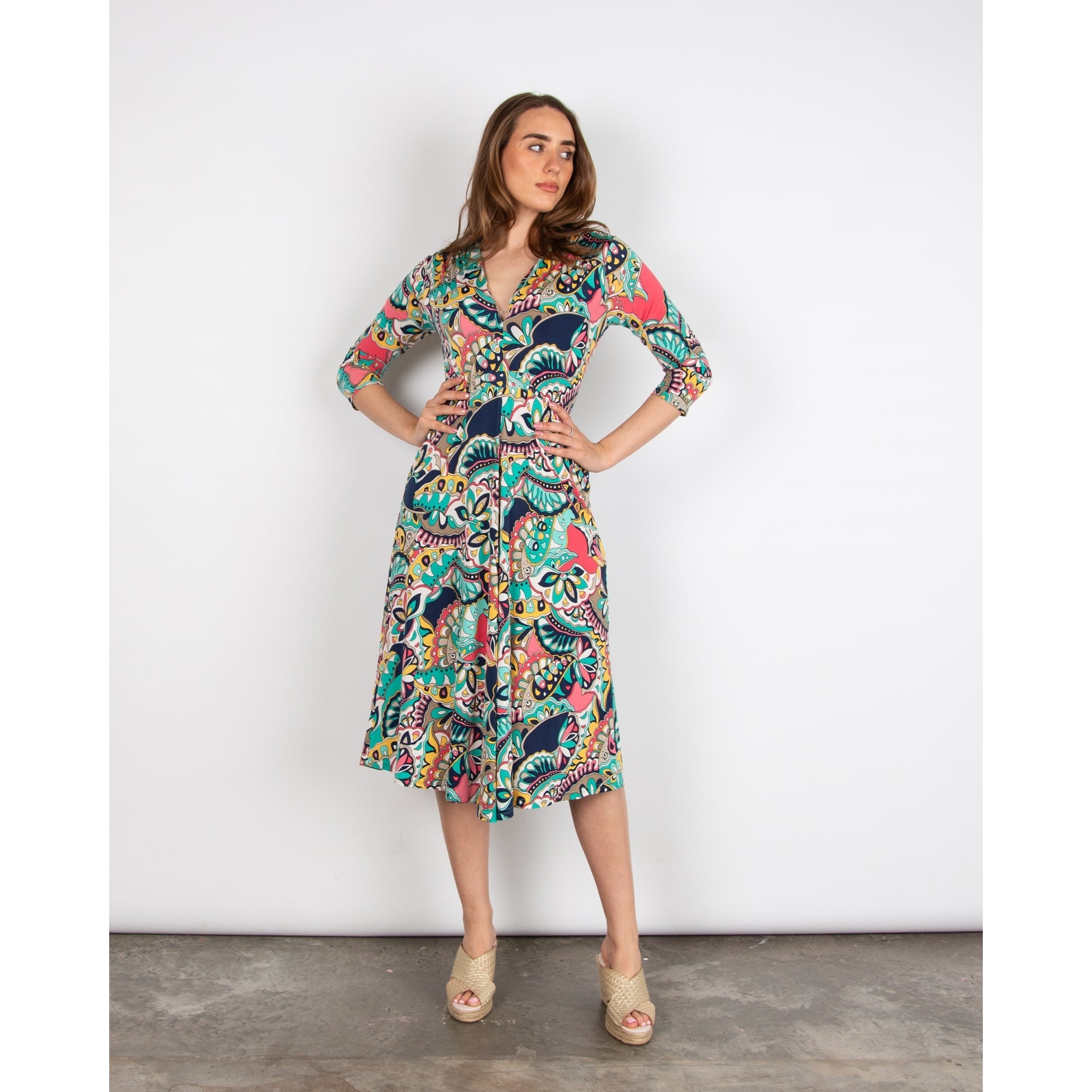 Onjenu Amy Abstract Print V Neck Tie Waist Jersey Dress Iris Aqua