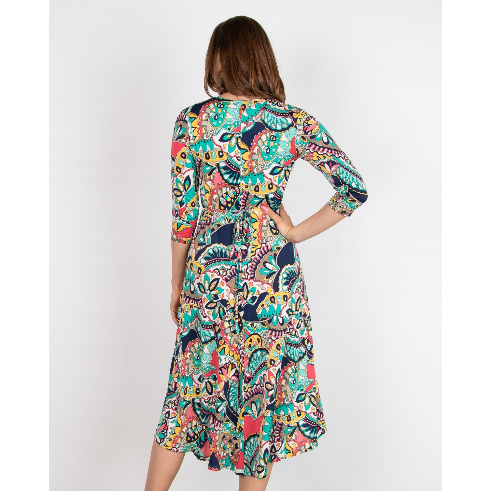 Onjenu Amy Abstract Print V Neck Tie Waist Jersey Dress Iris Aqua