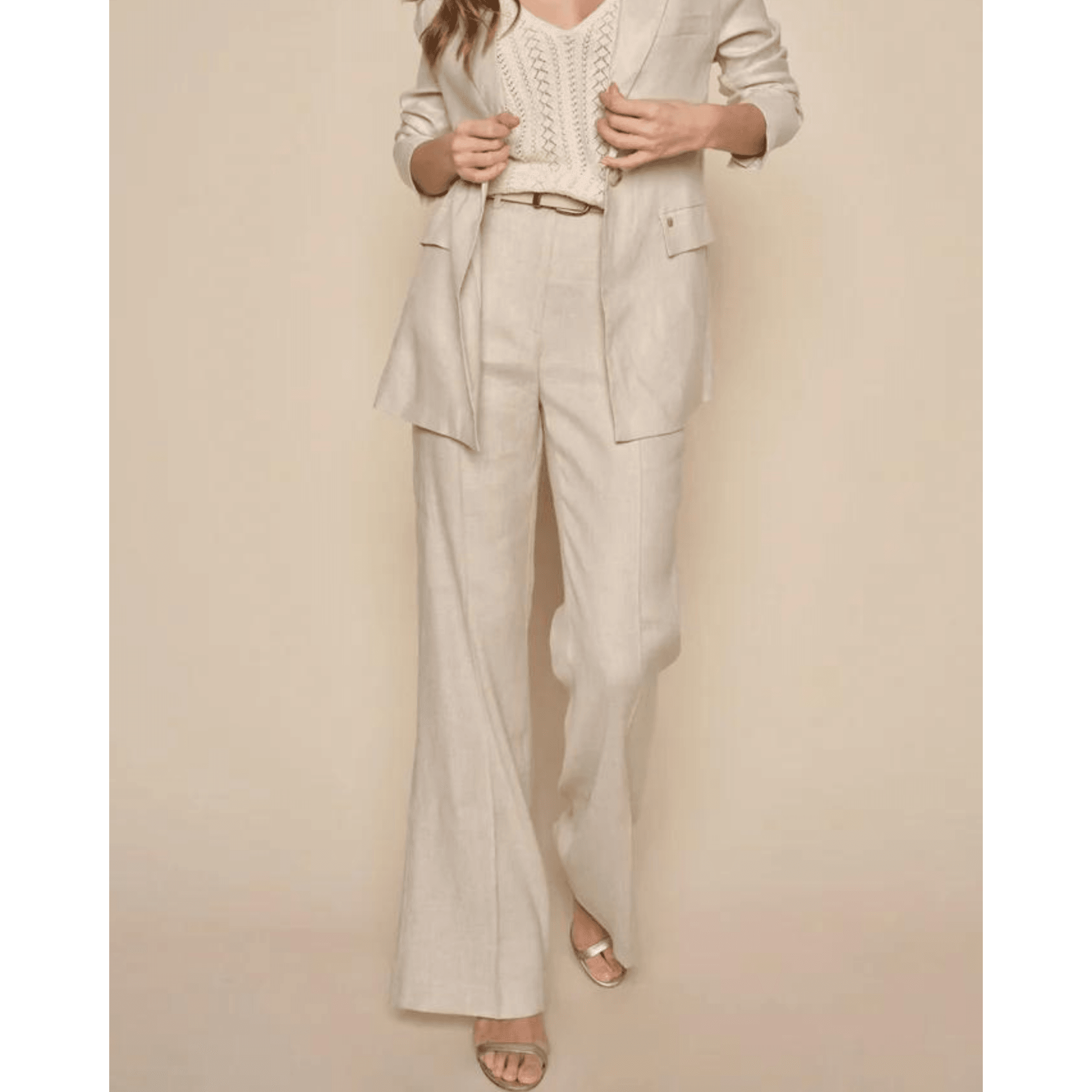 Mos Mosh Ria Long Wide Leg Linen Blend Trousers Warm Stone