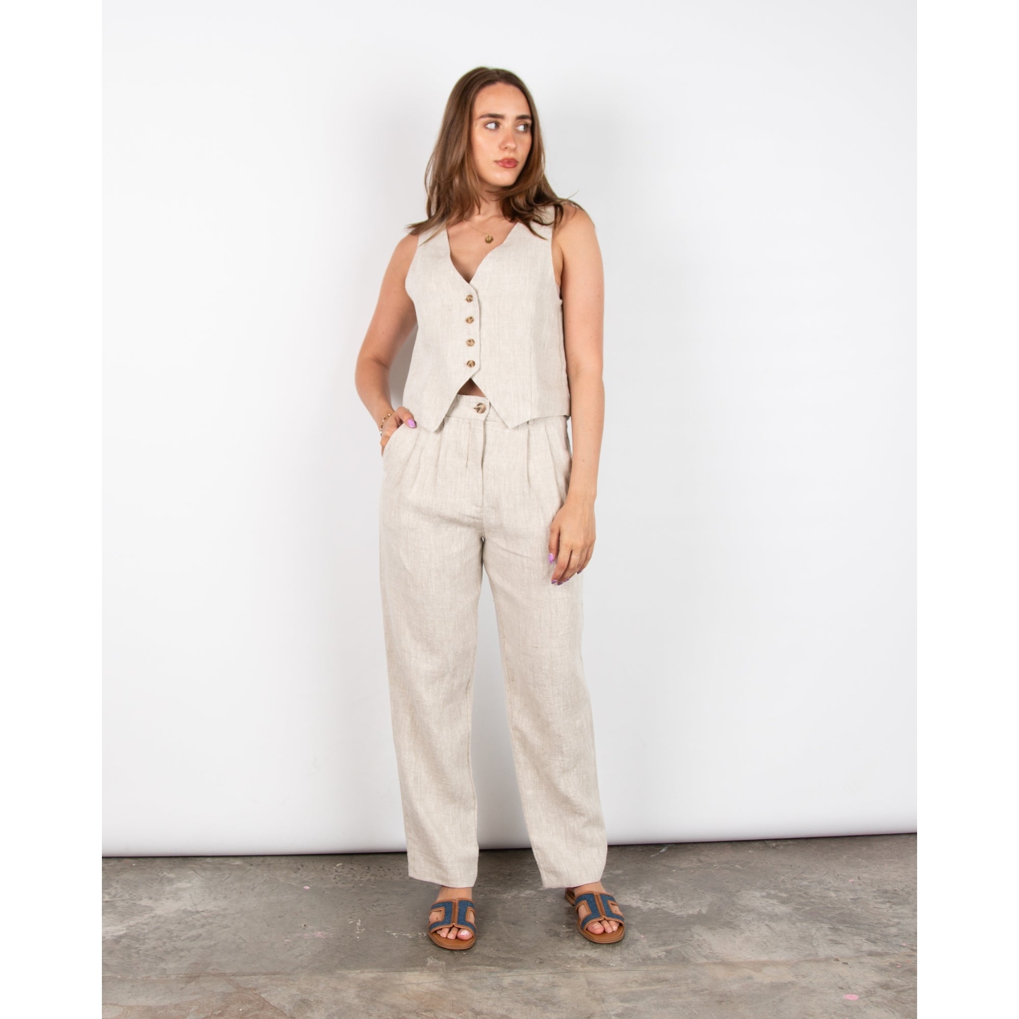 Mos Mosh Melka Linen Waistcoat Cement