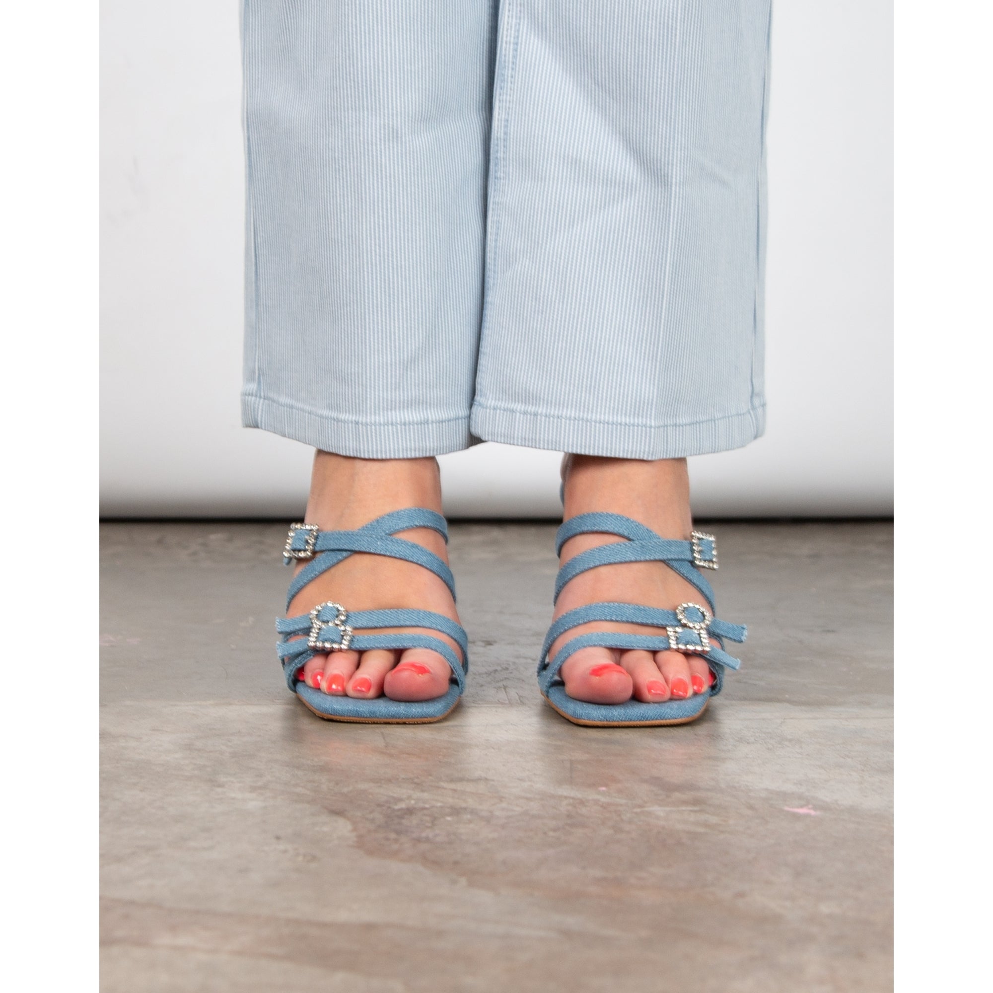 Cuple Strappy Denim Heeled Mules With Diamante Buckle Denim