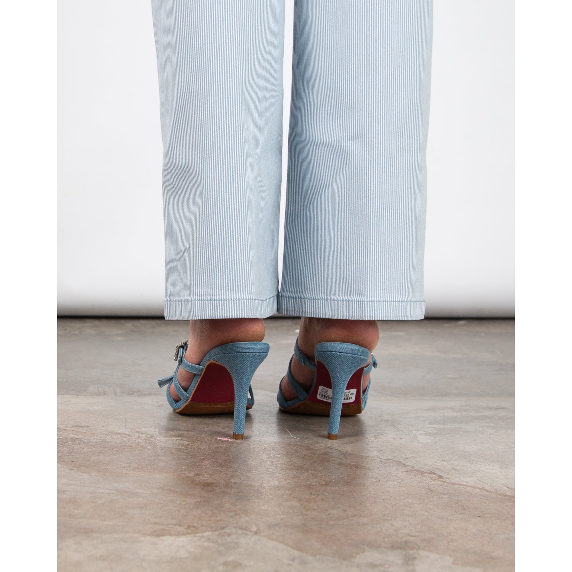 Cuple Strappy Denim Heeled Mules With Diamante Buckle Denim