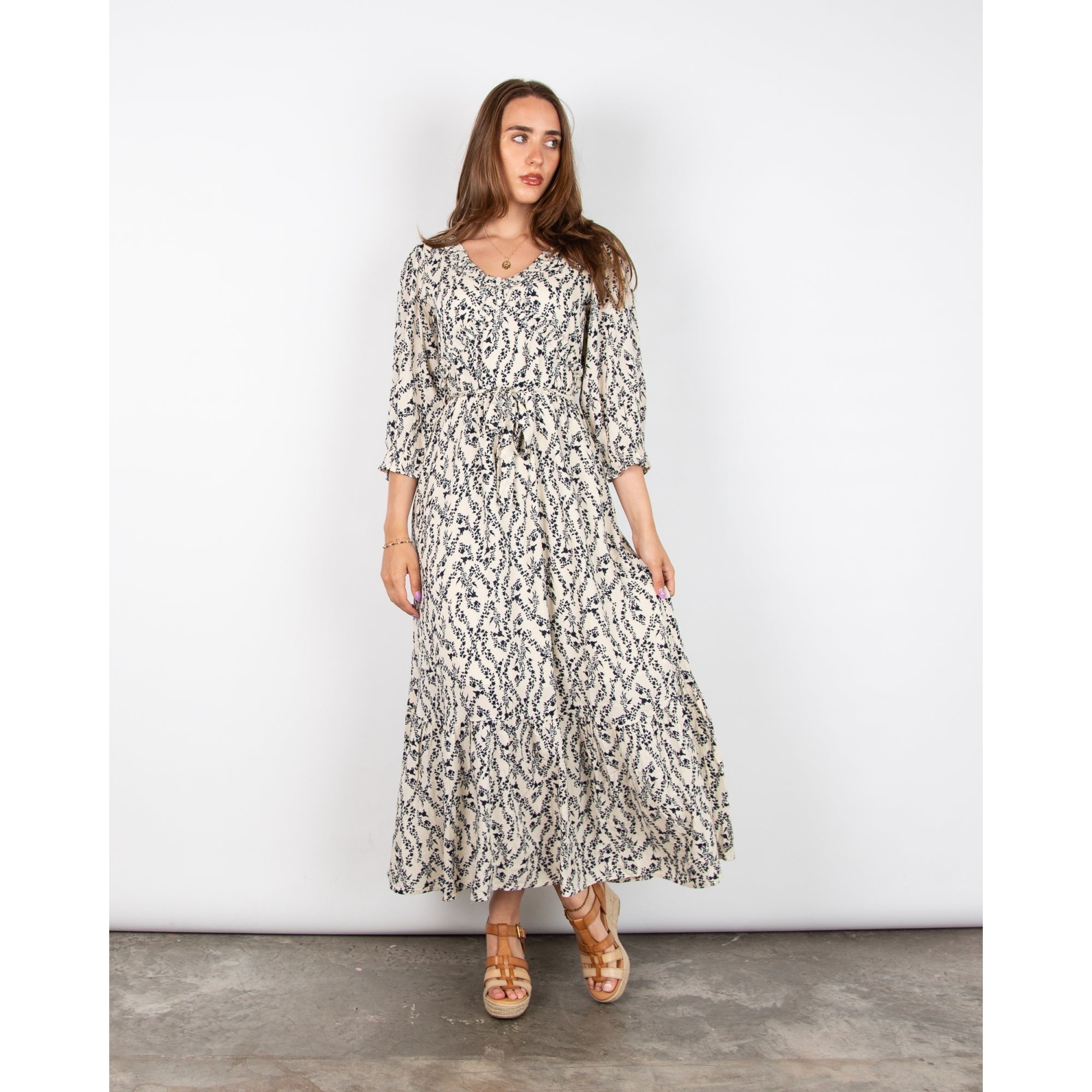 Atelier Reve Iromine Ditsy Floral Long Dress With Frill Trim Ecru/navy