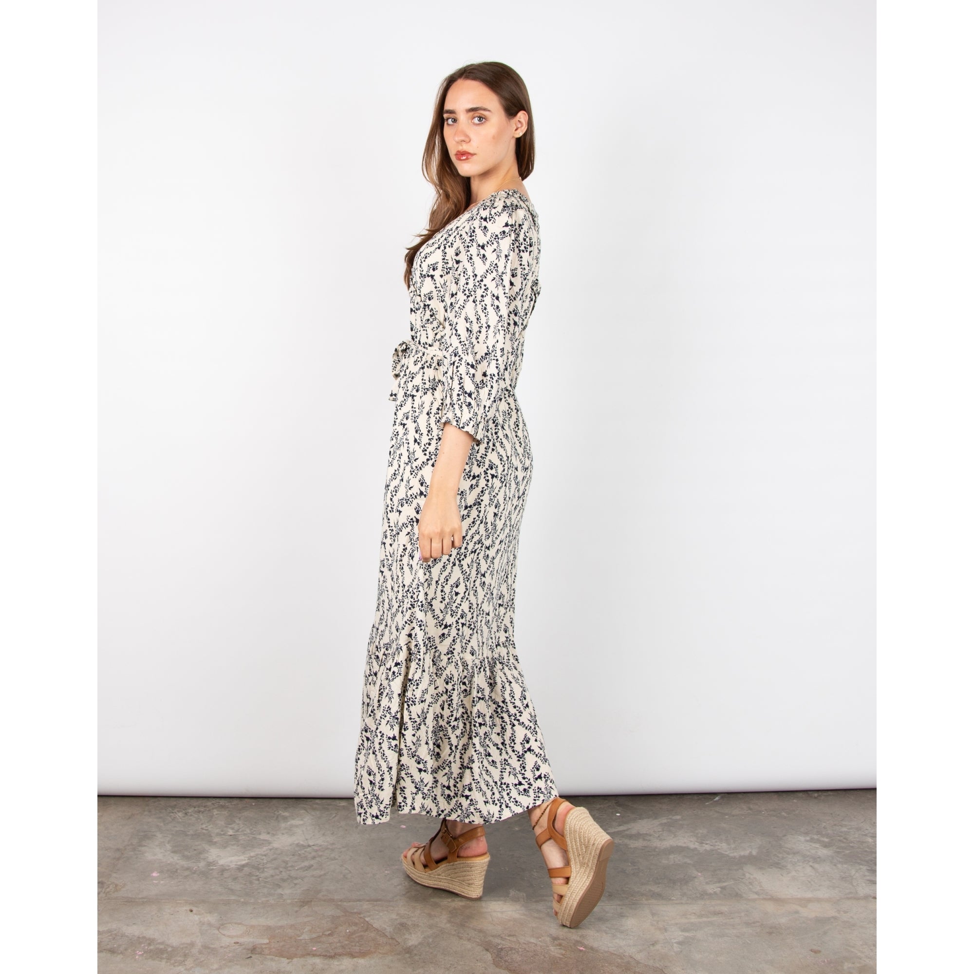 Atelier Reve Iromine Ditsy Floral Long Dress With Frill Trim Ecru/navy