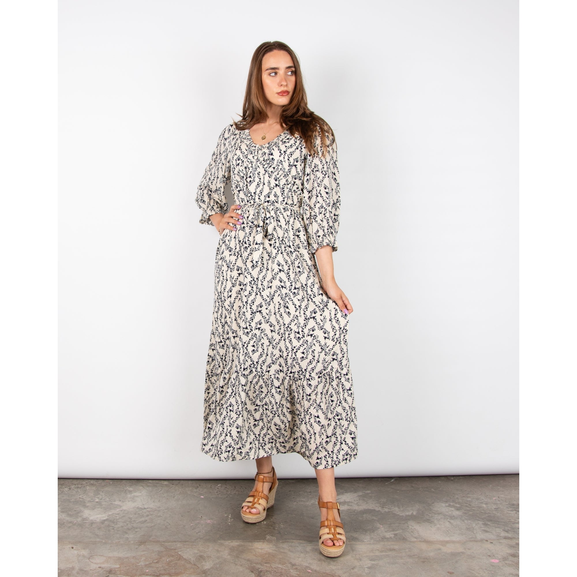 Atelier Reve Iromine Ditsy Floral Long Dress With Frill Trim Ecru/navy