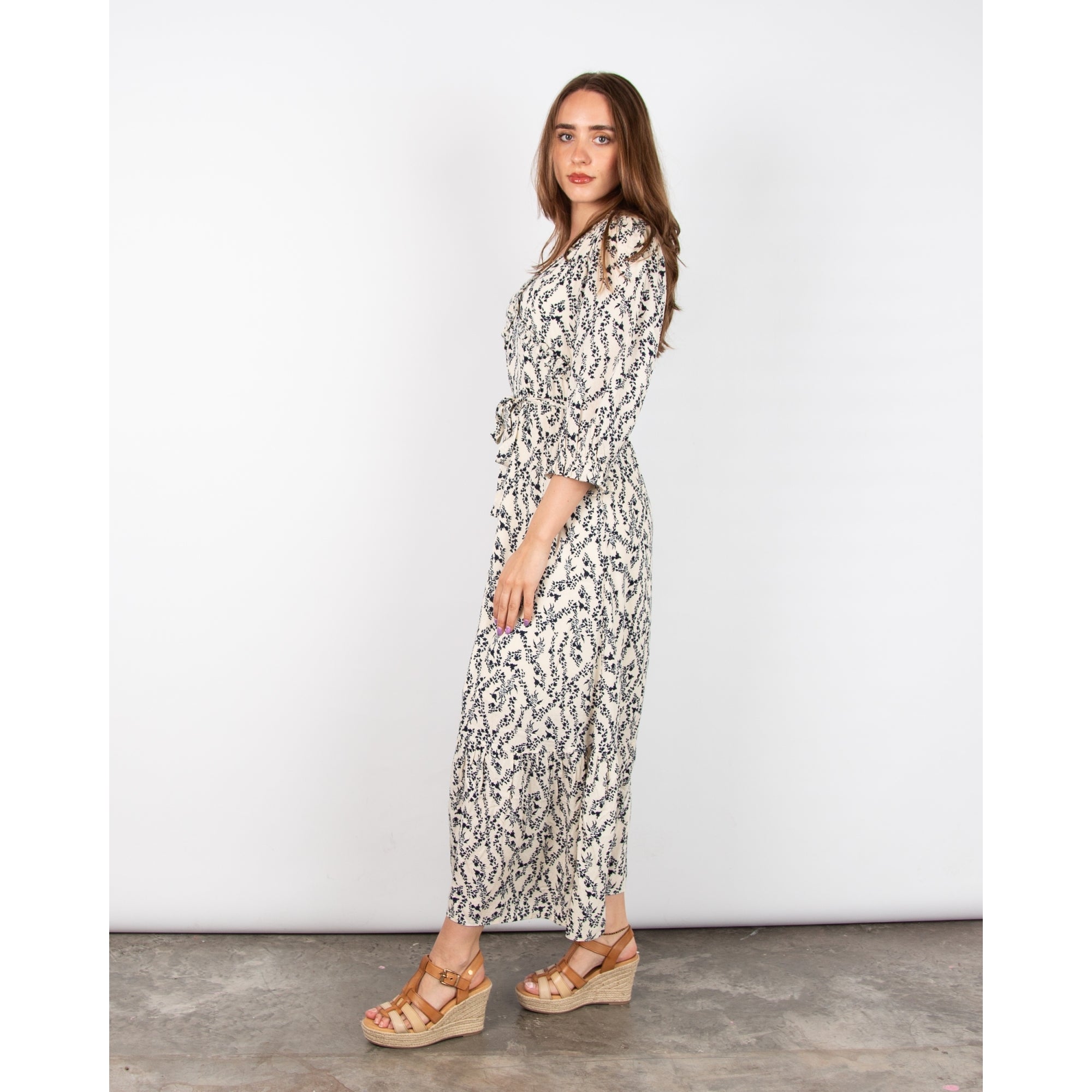 Atelier Reve Iromine Ditsy Floral Long Dress With Frill Trim Ecru/navy