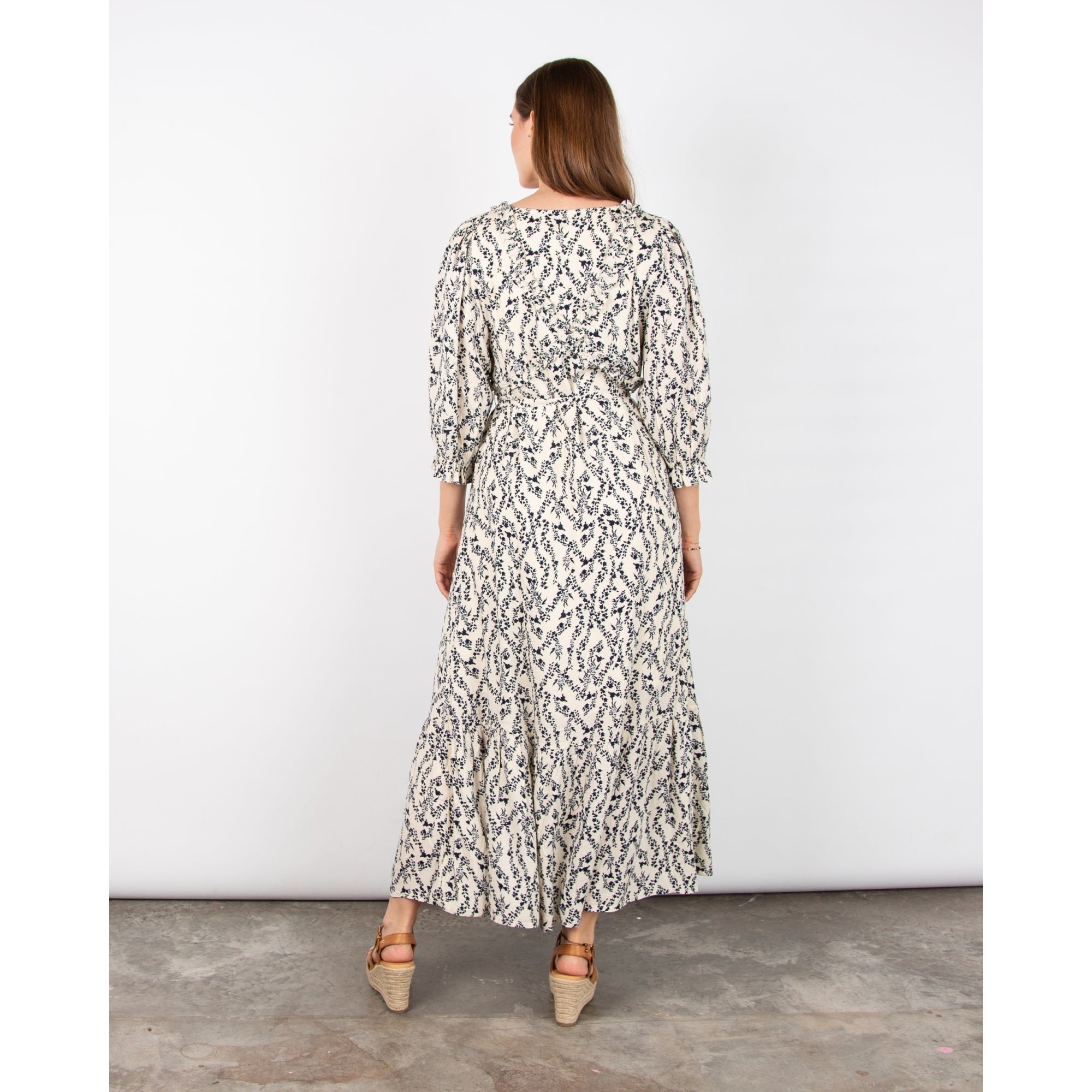 Atelier Reve Iromine Ditsy Floral Long Dress With Frill Trim Ecru/navy