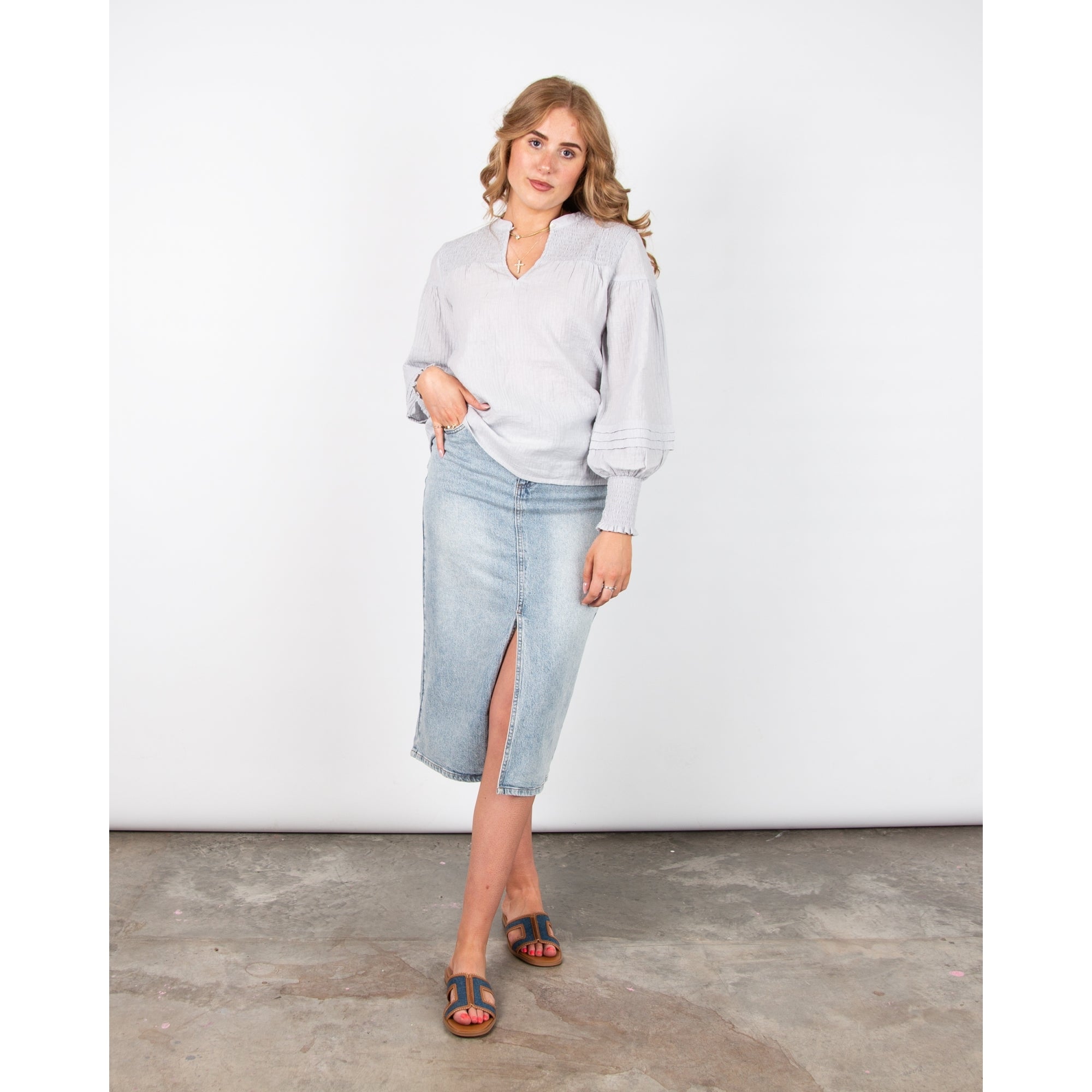 Part Two Cafias Smock Top And Cuff Crinkle Blouse Dusty Blue