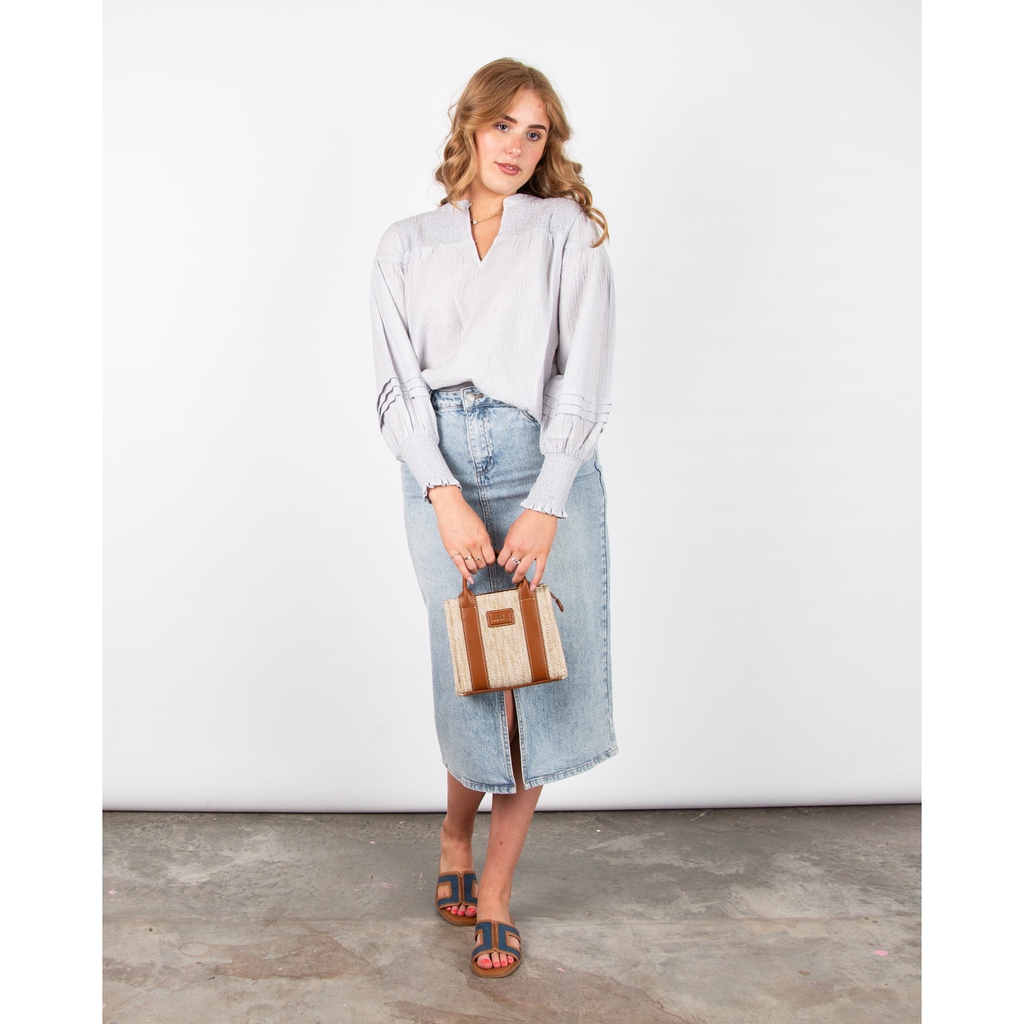 Part Two Cafias Smock Top And Cuff Crinkle Blouse Dusty Blue