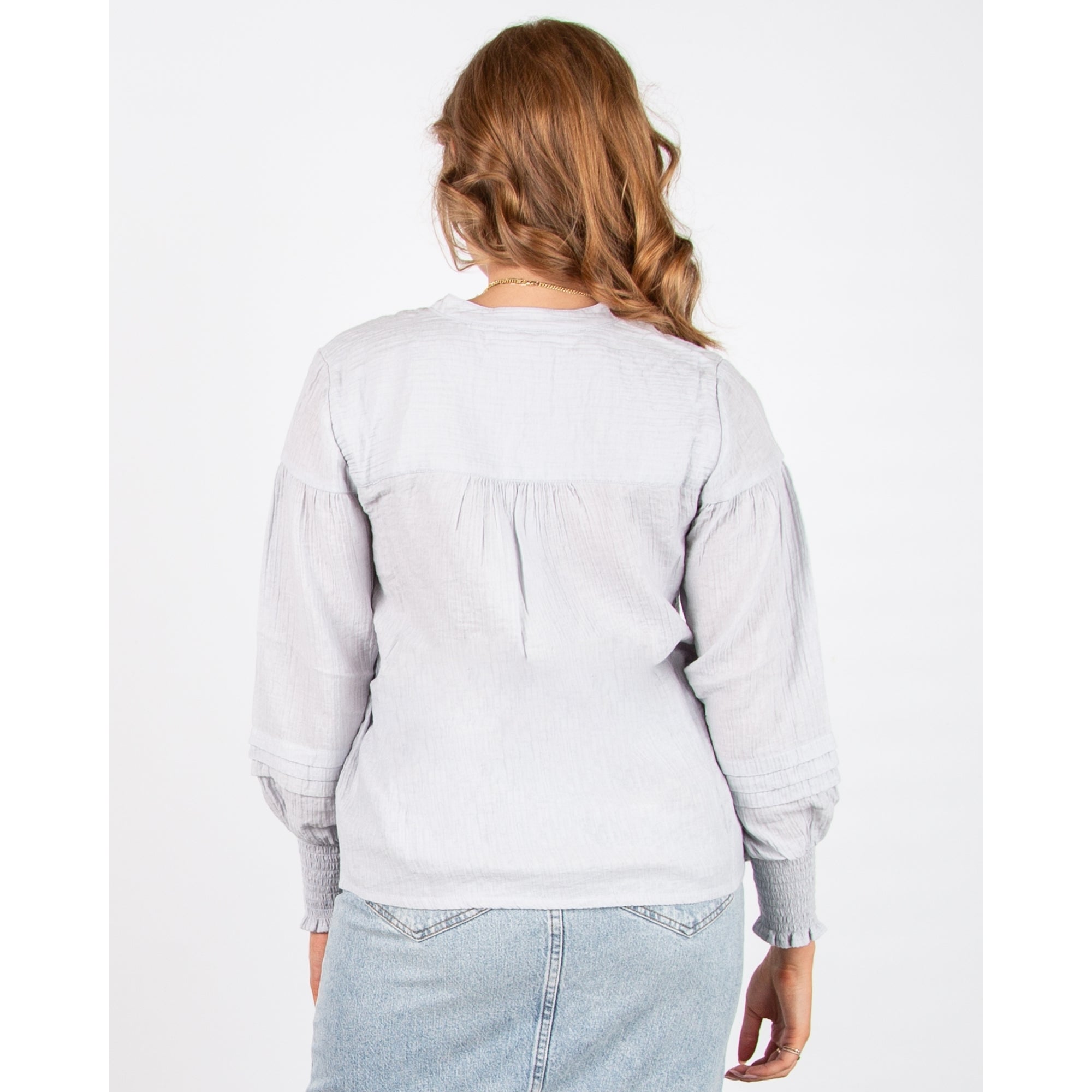 Part Two Cafias Smock Top And Cuff Crinkle Blouse Dusty Blue