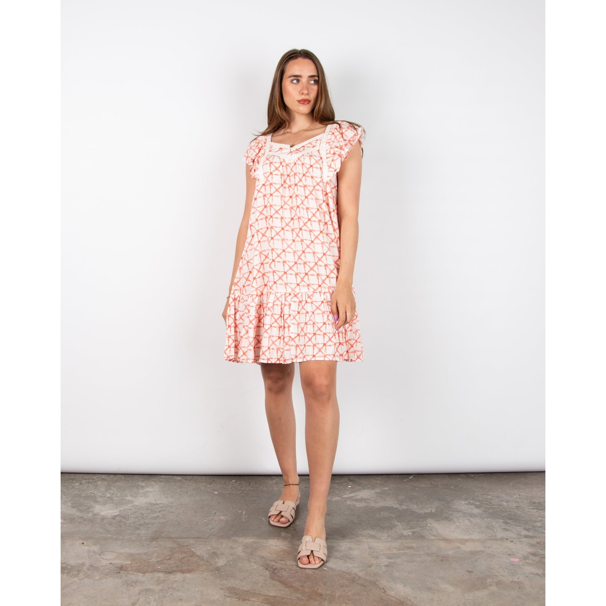 Atelier Reve Irmoreni Tiered Hem Dress With Embroidered Neckline Coral/ecru