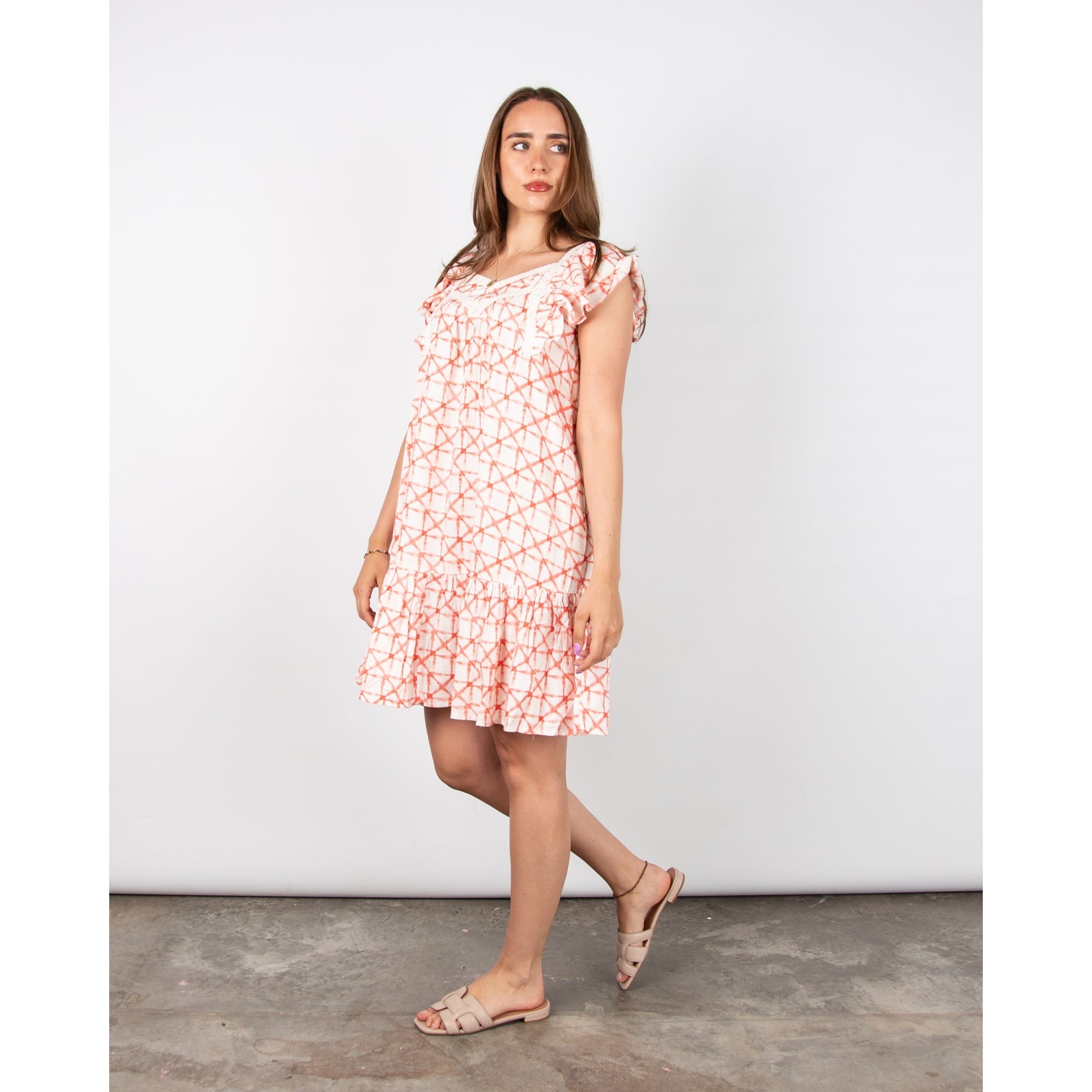 Atelier Reve Irmoreni Tiered Hem Dress With Embroidered Neckline Coral/ecru