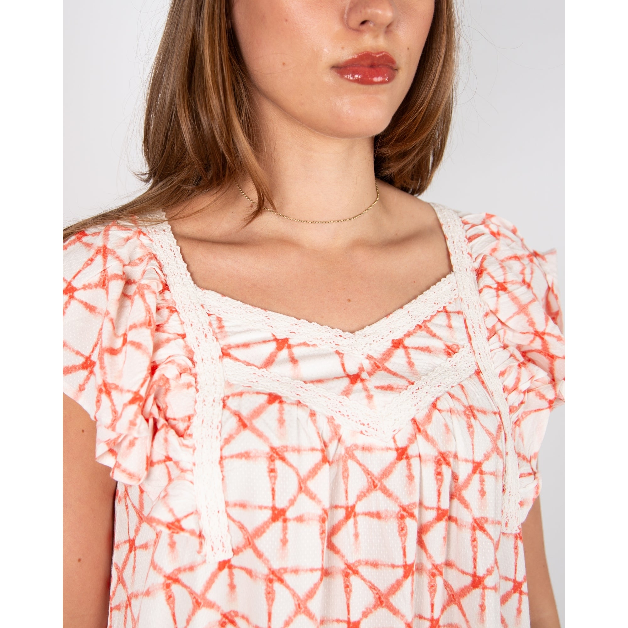 Atelier Reve Irmoreni Tiered Hem Dress With Embroidered Neckline Coral/ecru