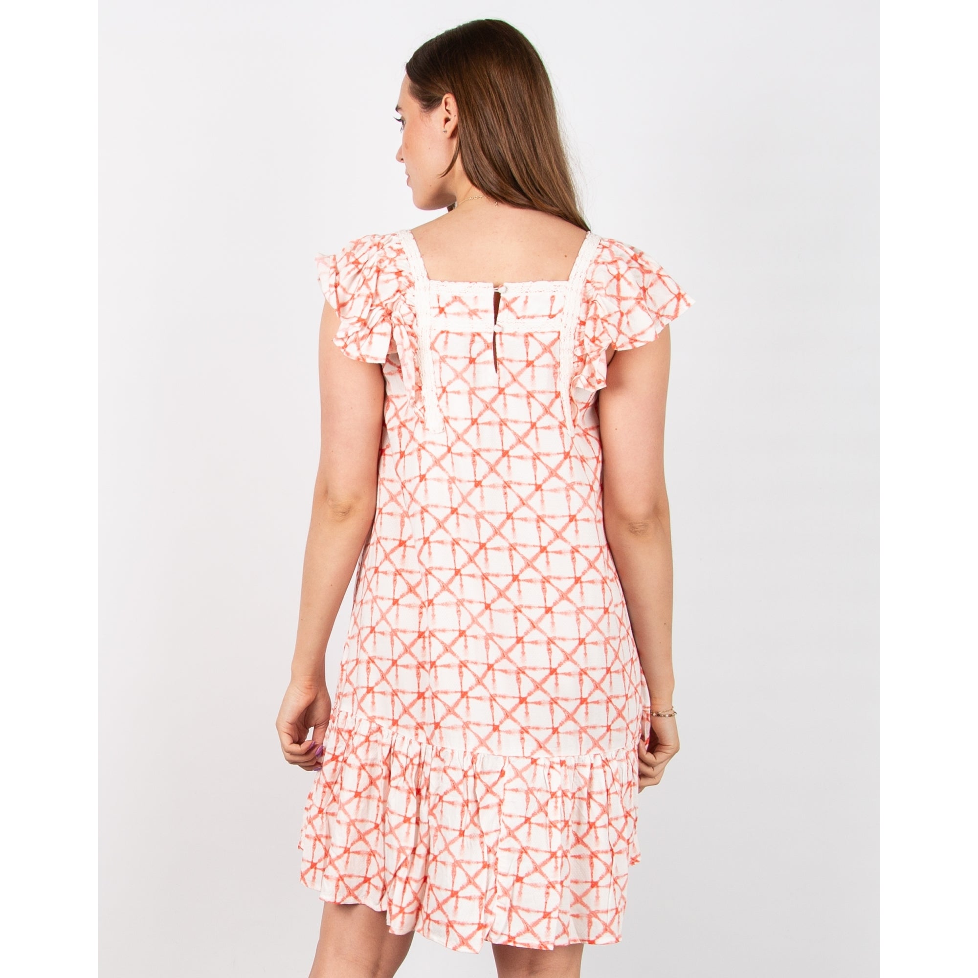Atelier Reve Irmoreni Tiered Hem Dress With Embroidered Neckline Coral/ecru