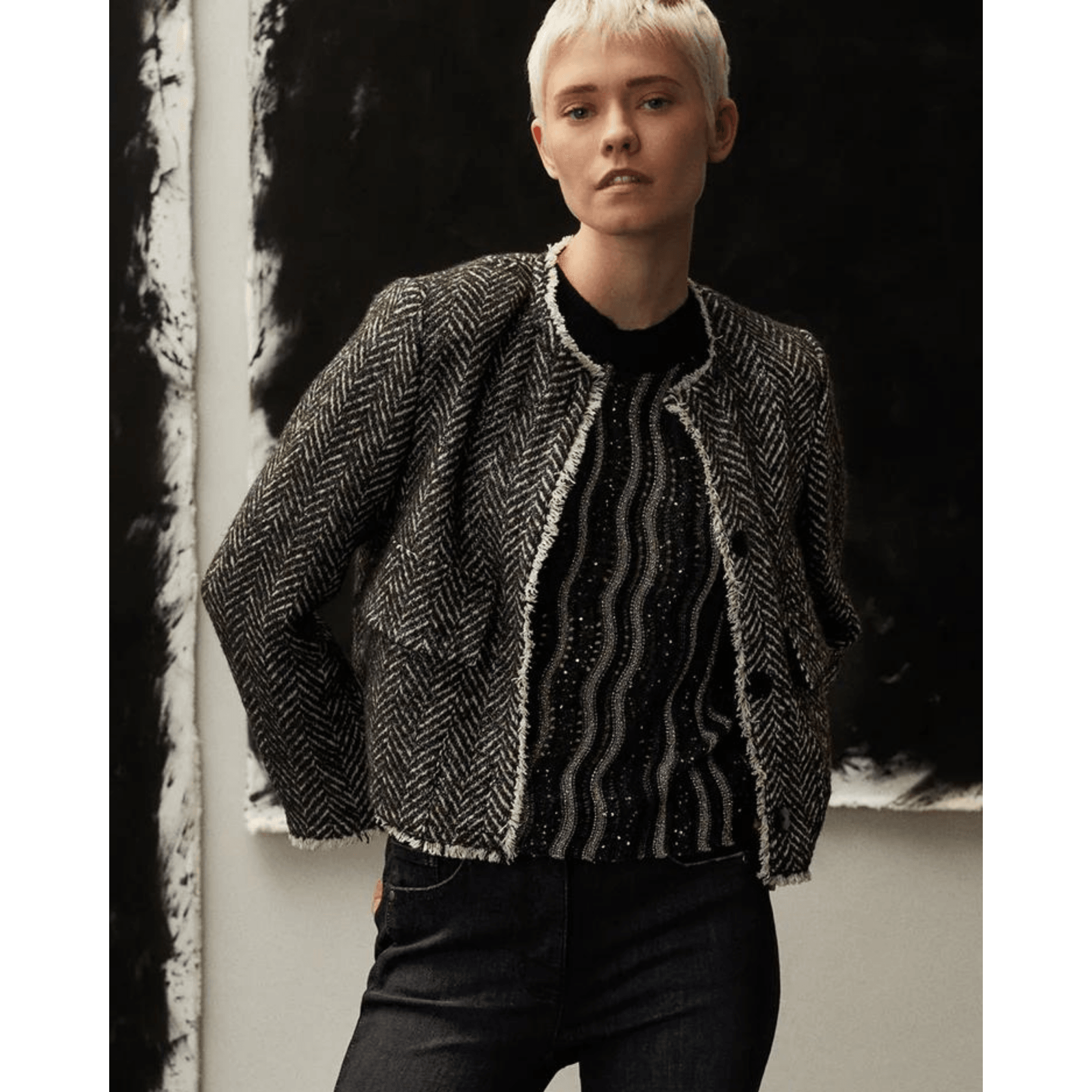 Luisa Cerano Herringbone Tweed Lurex Jacket With Raw Edge Charcoal