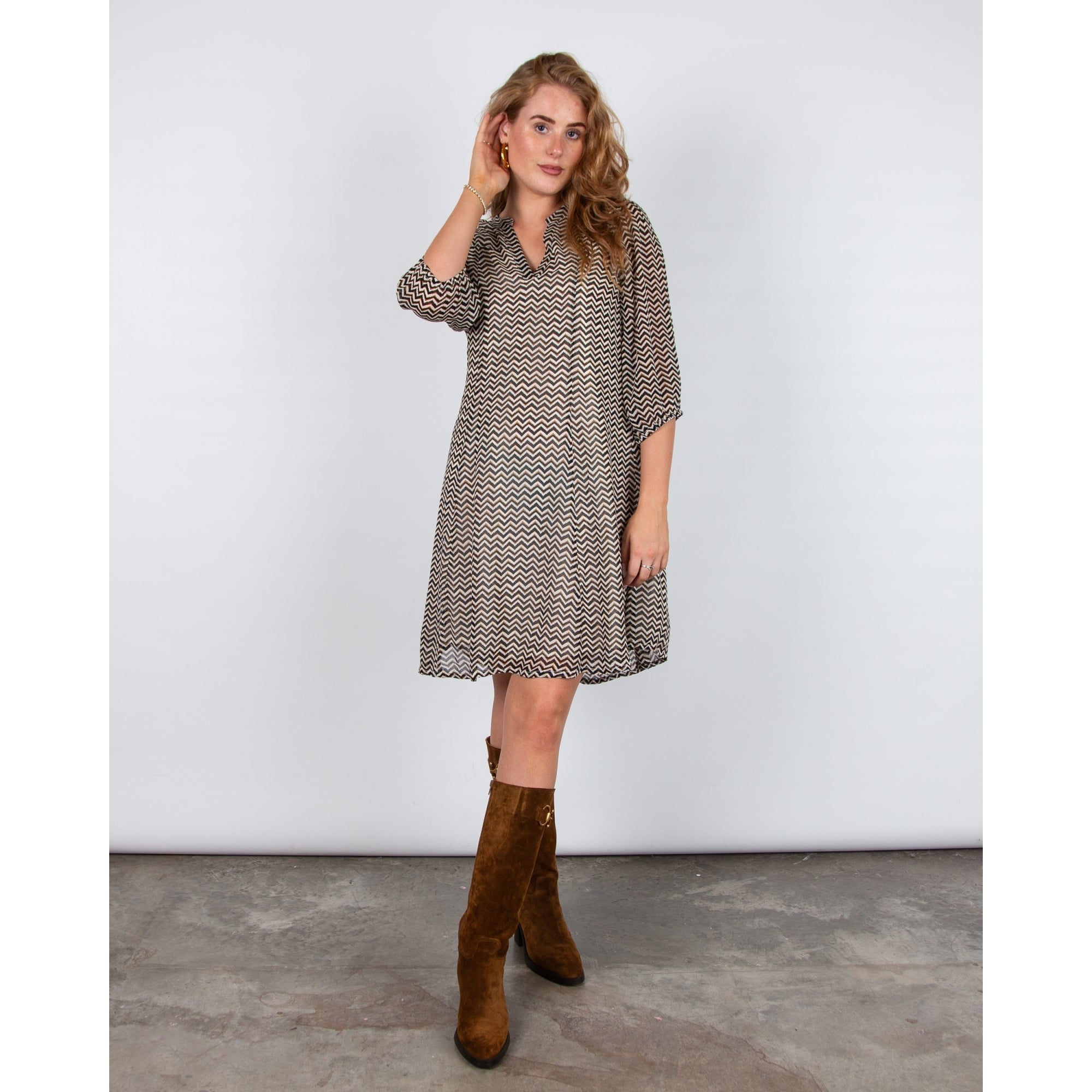 Part Two Botelle Zigzag Print Knee Length Viscose Dress Brown/black