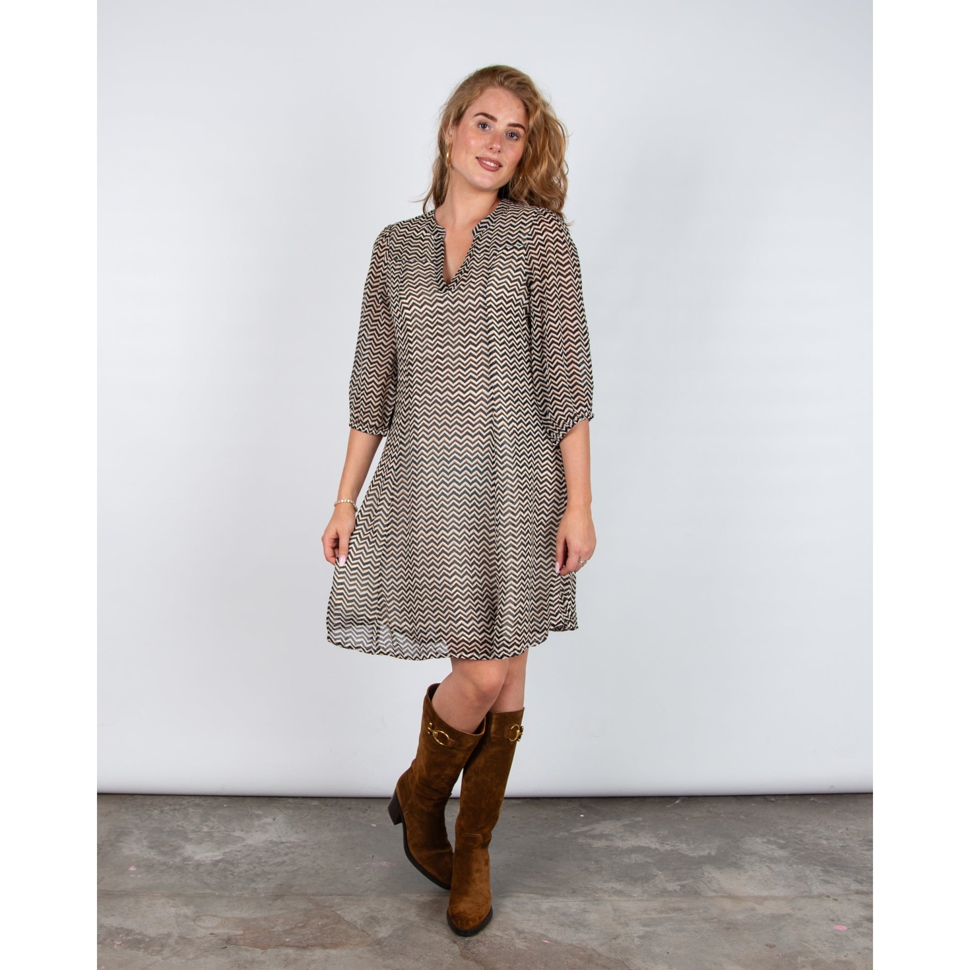 Part Two Botelle Zigzag Print Knee Length Viscose Dress Brown/black