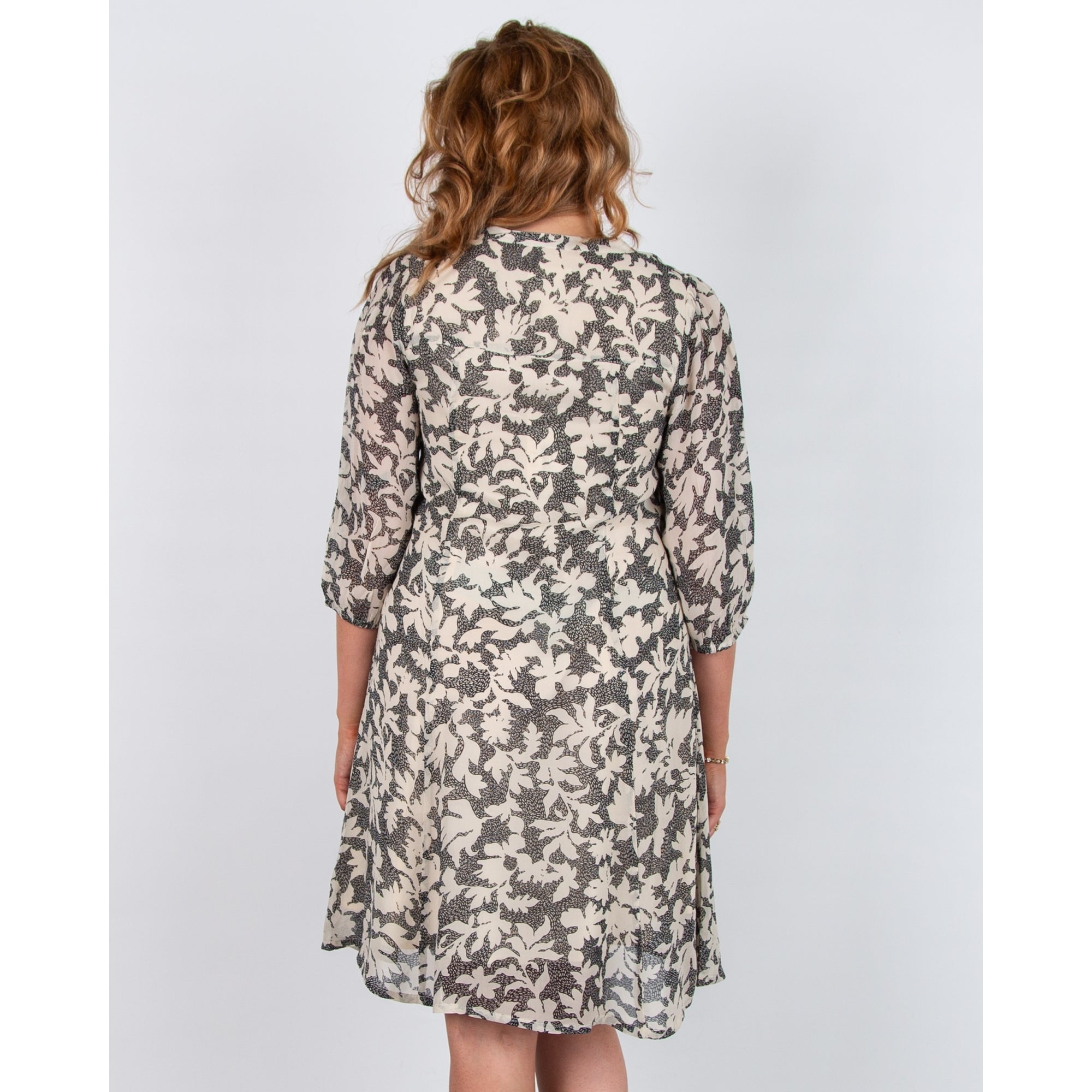 Part Two Botelle Stitch Leaf Print Knee Length Dress Black/ecru