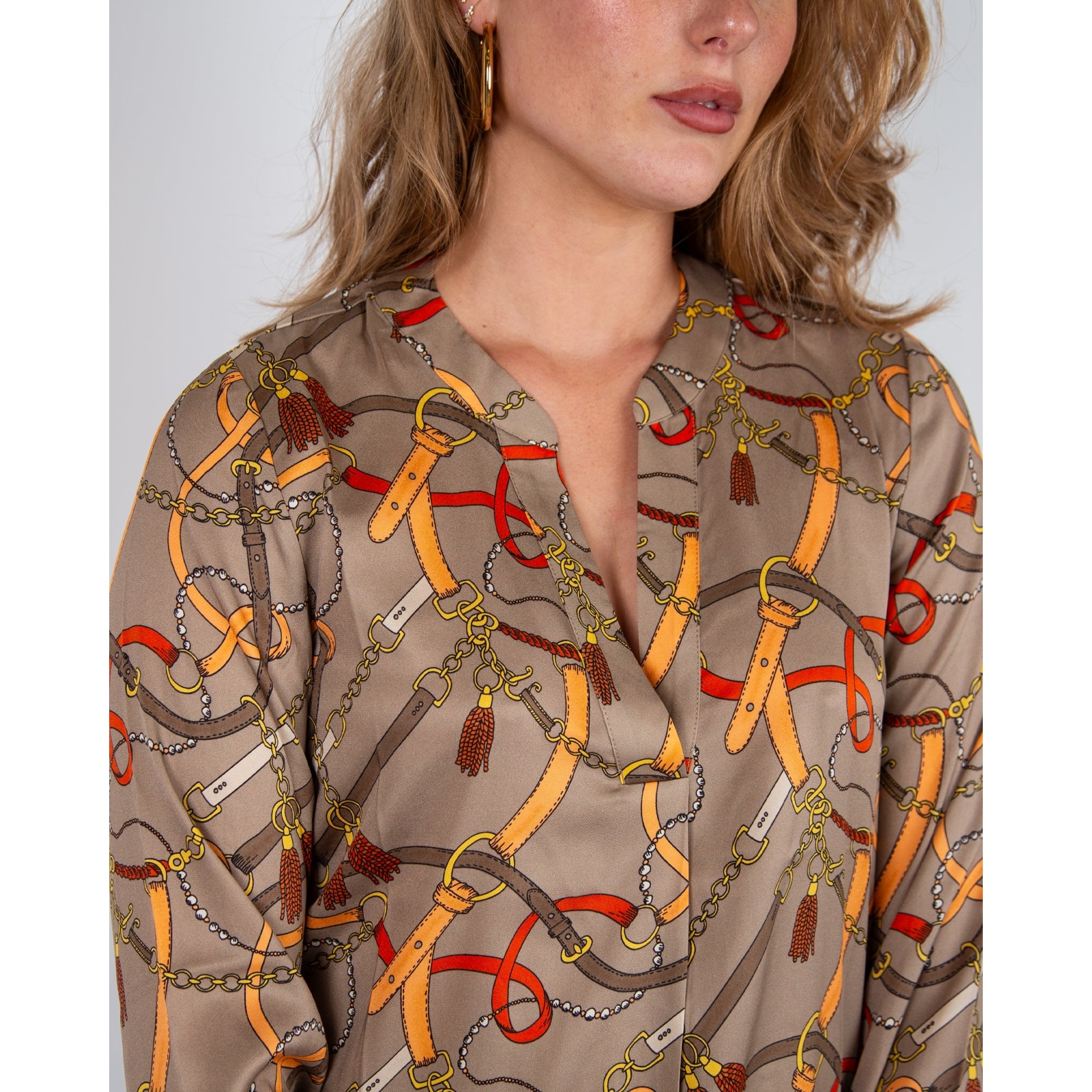 Charlotte Sparre Equestrian Print Split Neck Silk Blouse Chic Taupe