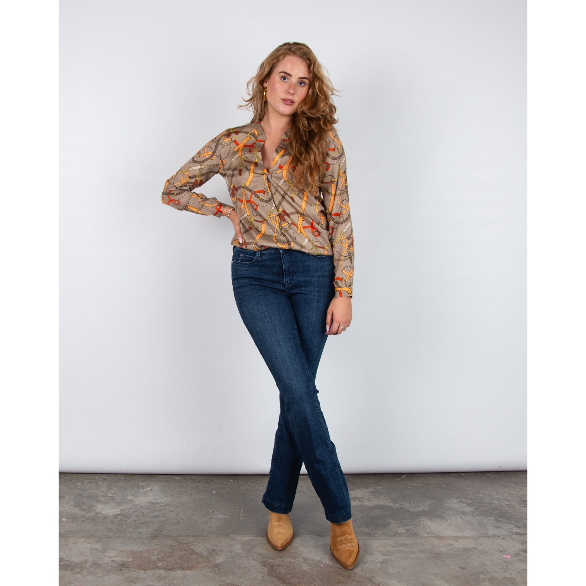 Charlotte Sparre Equestrian Print Split Neck Silk Blouse Chic Taupe