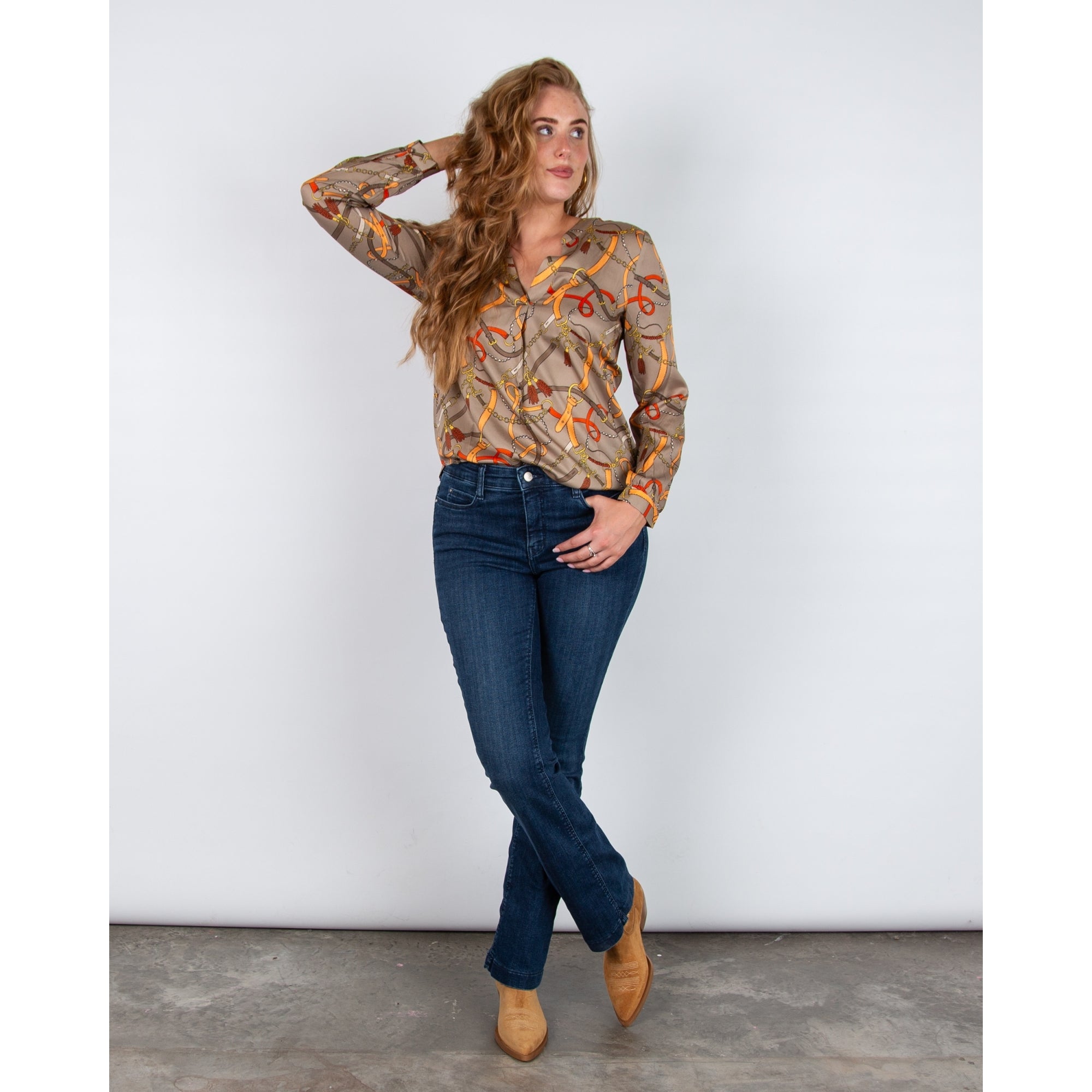 Charlotte Sparre Equestrian Print Split Neck Silk Blouse Chic Taupe