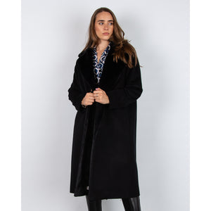Cinzia Rocca Long Wool Coat With Faux Fur Lapel Black