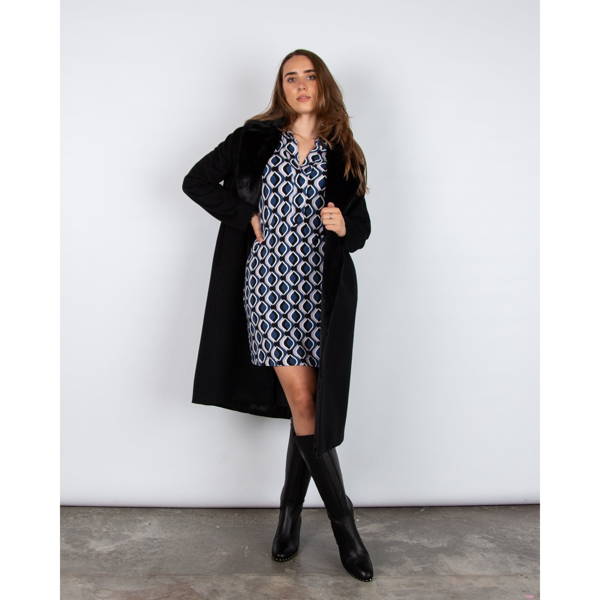 Cinzia Rocca Long Wool Coat With Faux Fur Lapel Black