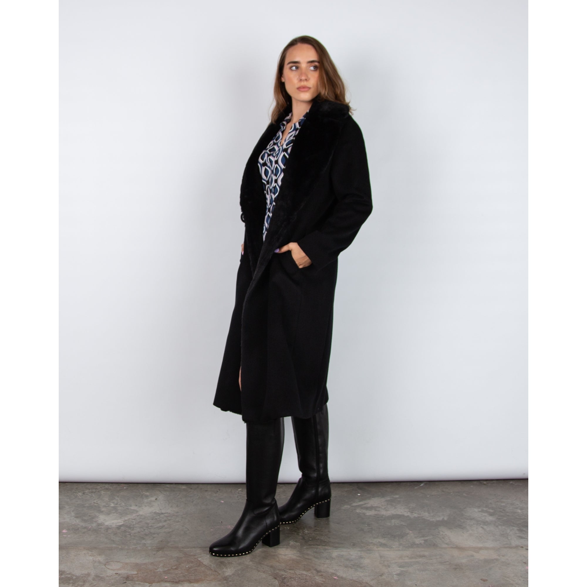 Cinzia Rocca Long Wool Coat With Faux Fur Lapel Black