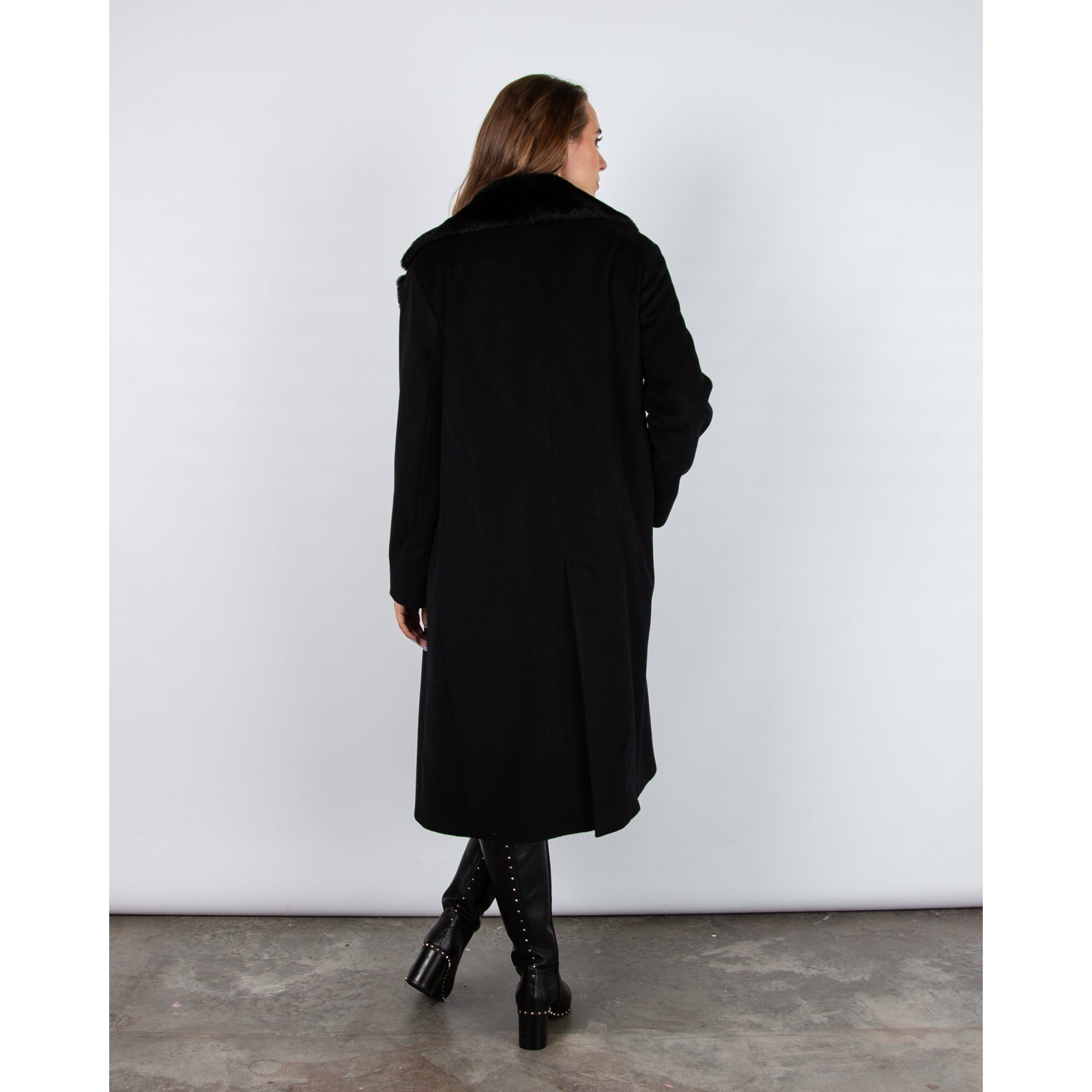 Cinzia Rocca Long Wool Coat With Faux Fur Lapel Black