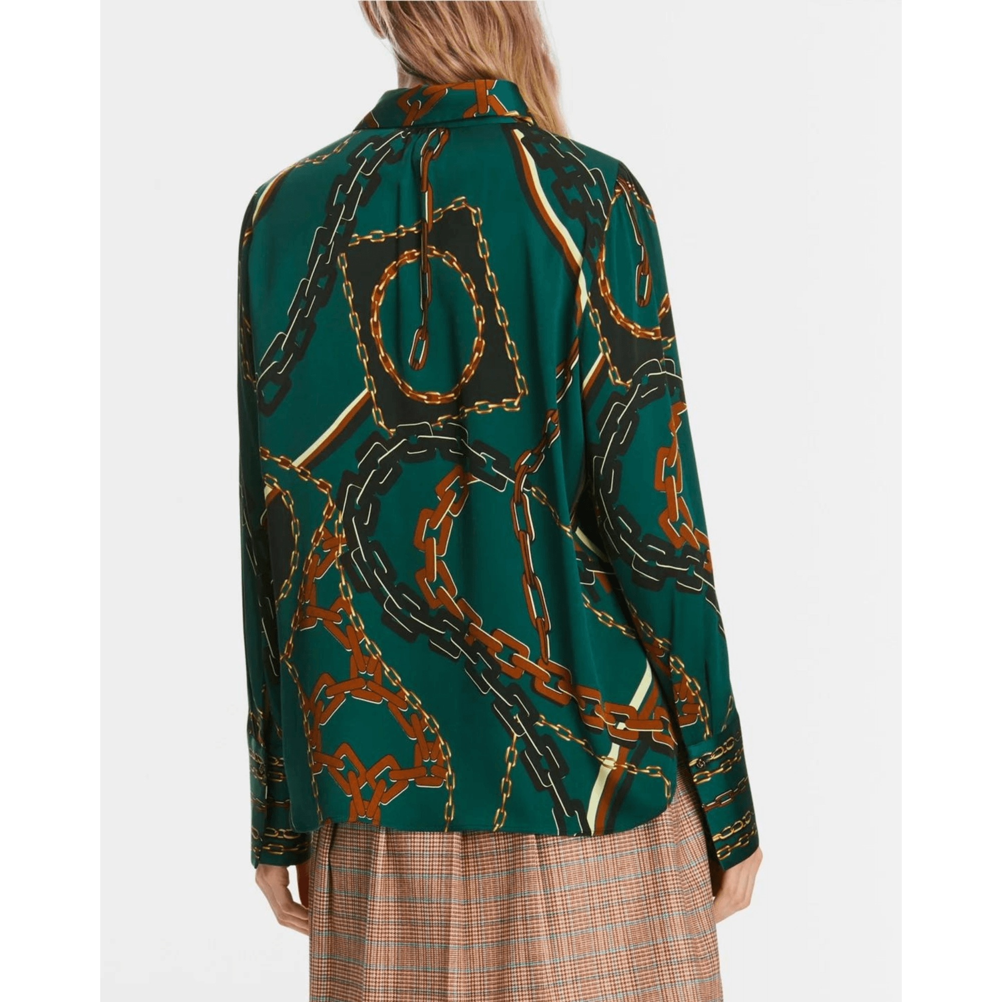 Marc Cain Chain Print Split Neck Silk Blouse Green/tobacco 559