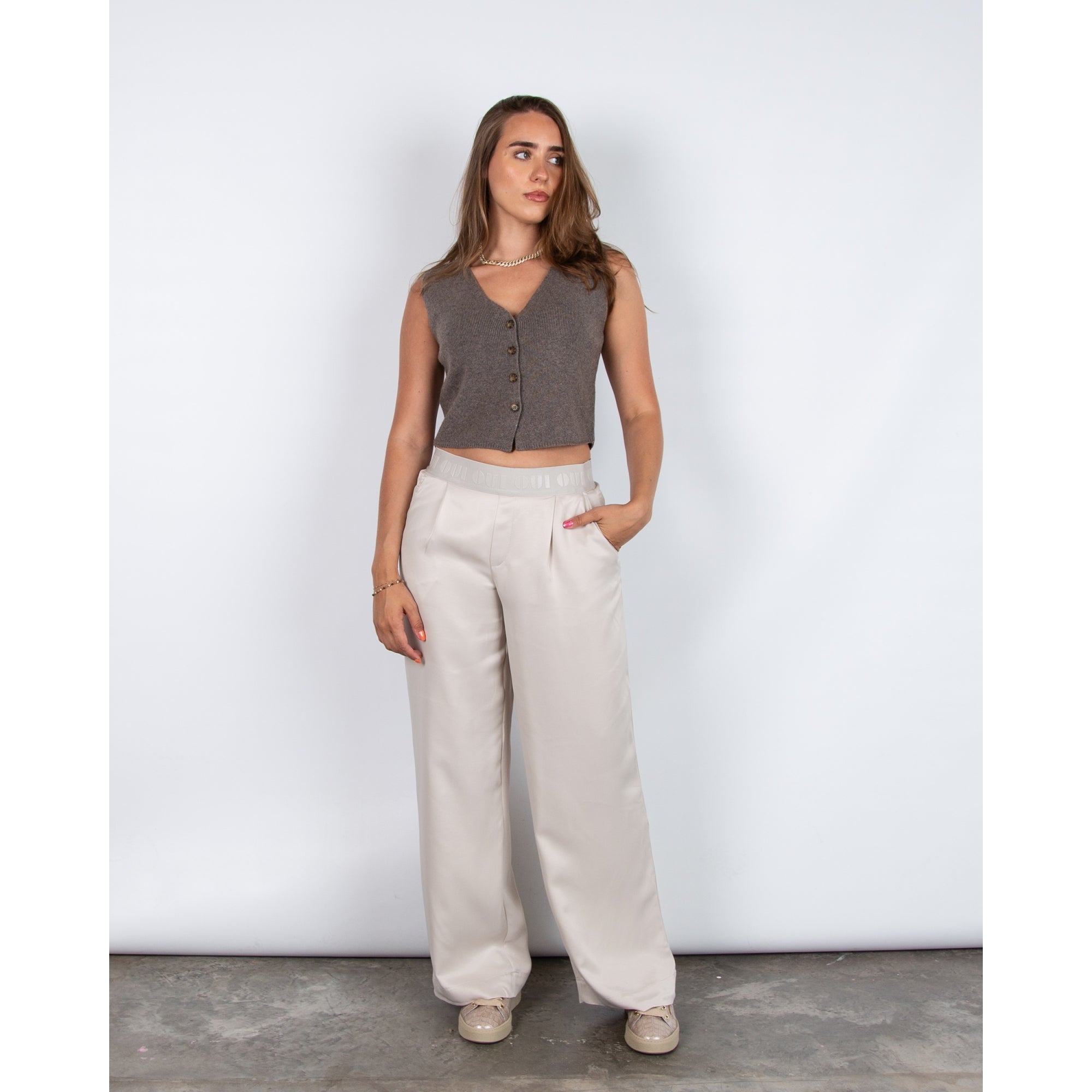Oui Pull On Palazzo Trouser With Logo Waistband Light Stone 7086