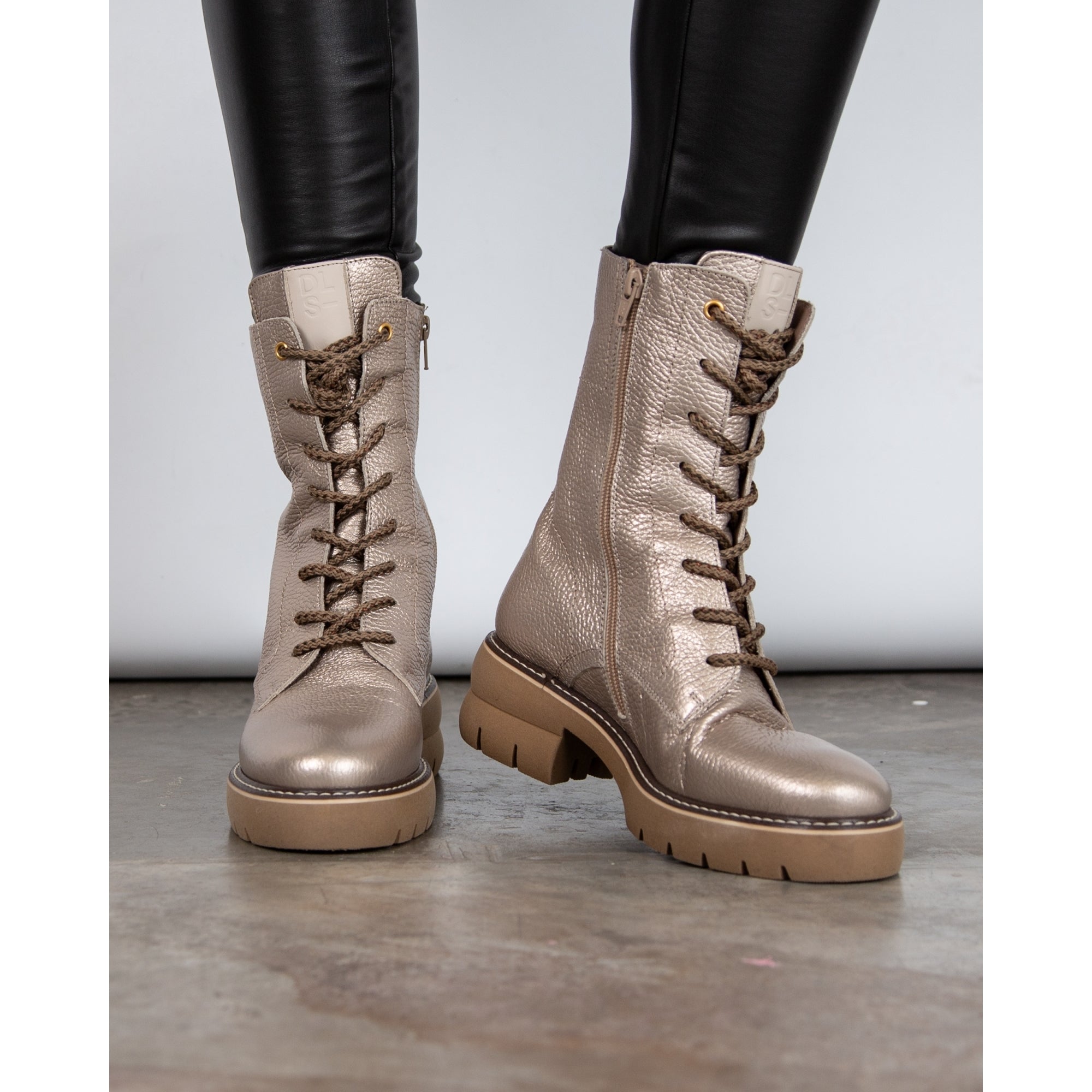 Dl Sport Metallic Lace Up Leather Boots With Low Heel Champagne