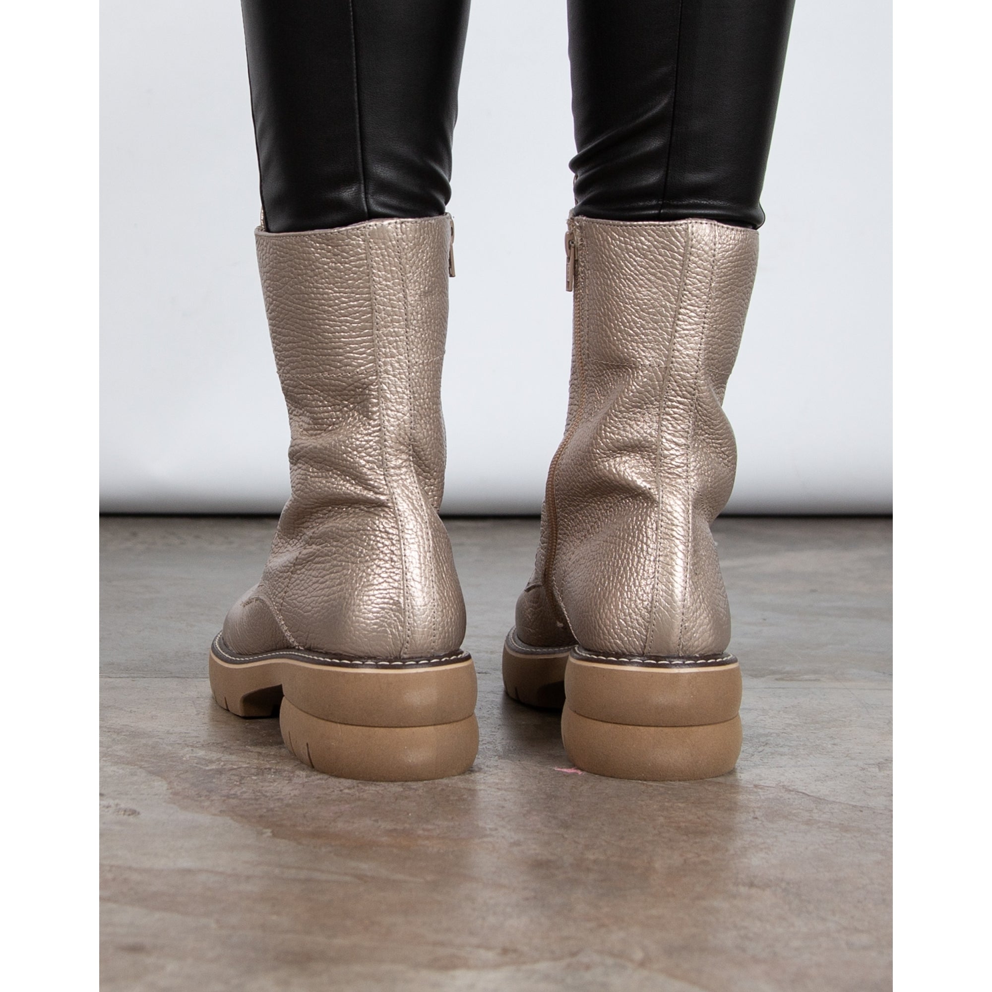 Dl Sport Metallic Lace Up Leather Boots With Low Heel Champagne