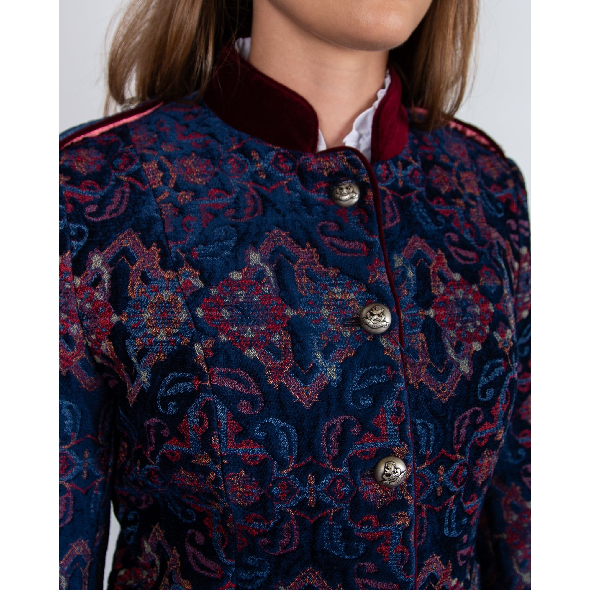 Bariloche Navarra Jacquard Velvet Mandarin Jacket With Trim Navy/red