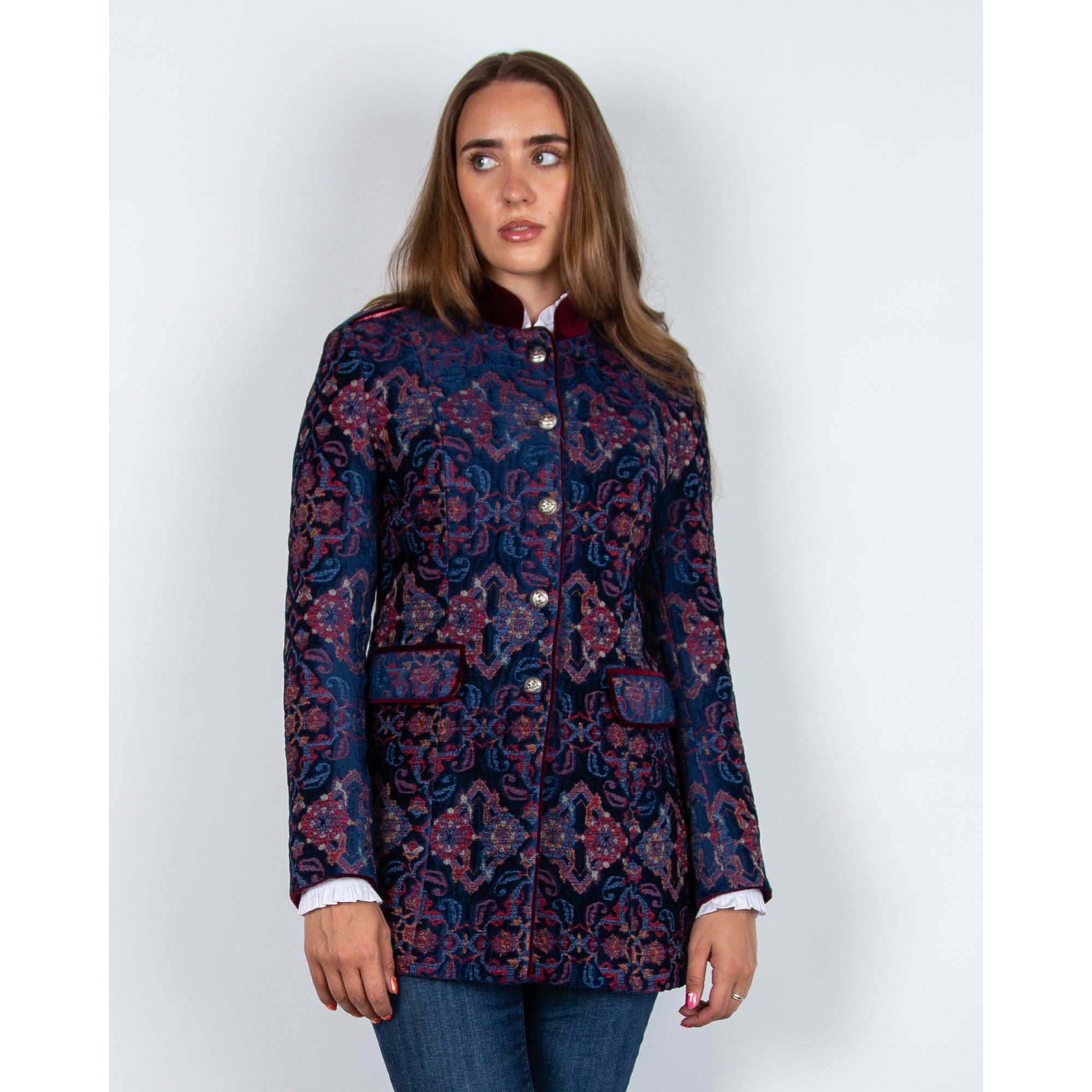 Bariloche Navarra Jacquard Velvet Mandarin Jacket With Trim Navy/red