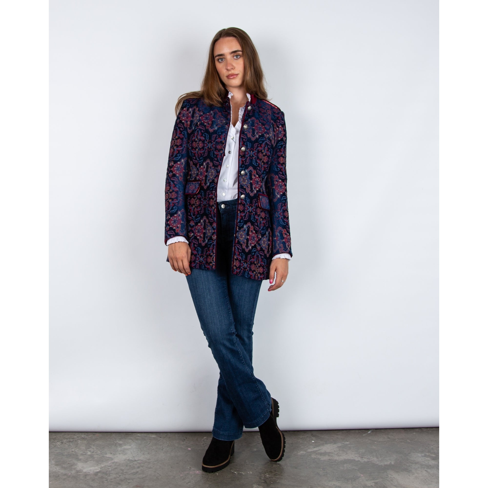 Bariloche Navarra Jacquard Velvet Mandarin Jacket With Trim Navy/red