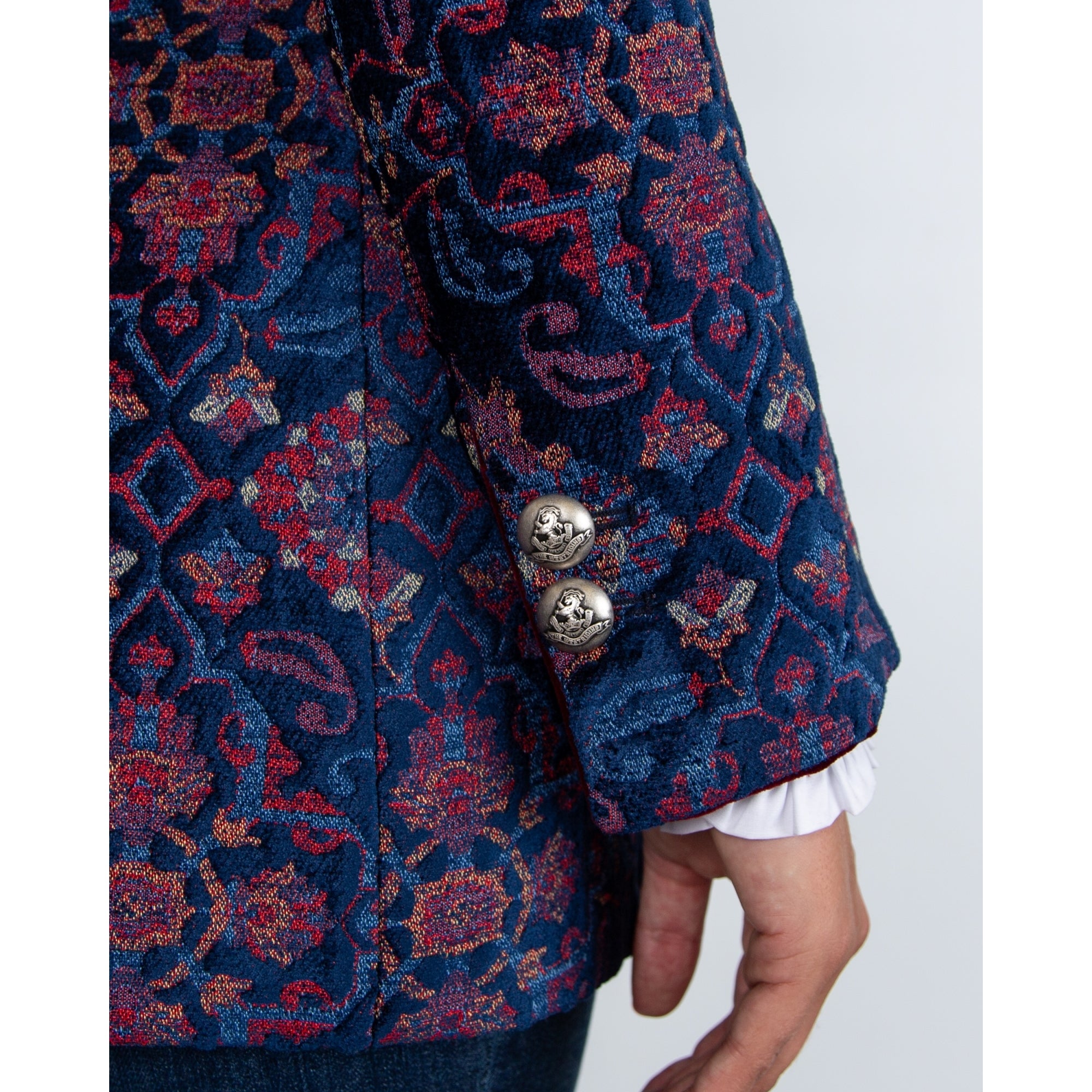 Bariloche Navarra Jacquard Velvet Mandarin Jacket With Trim Navy/red