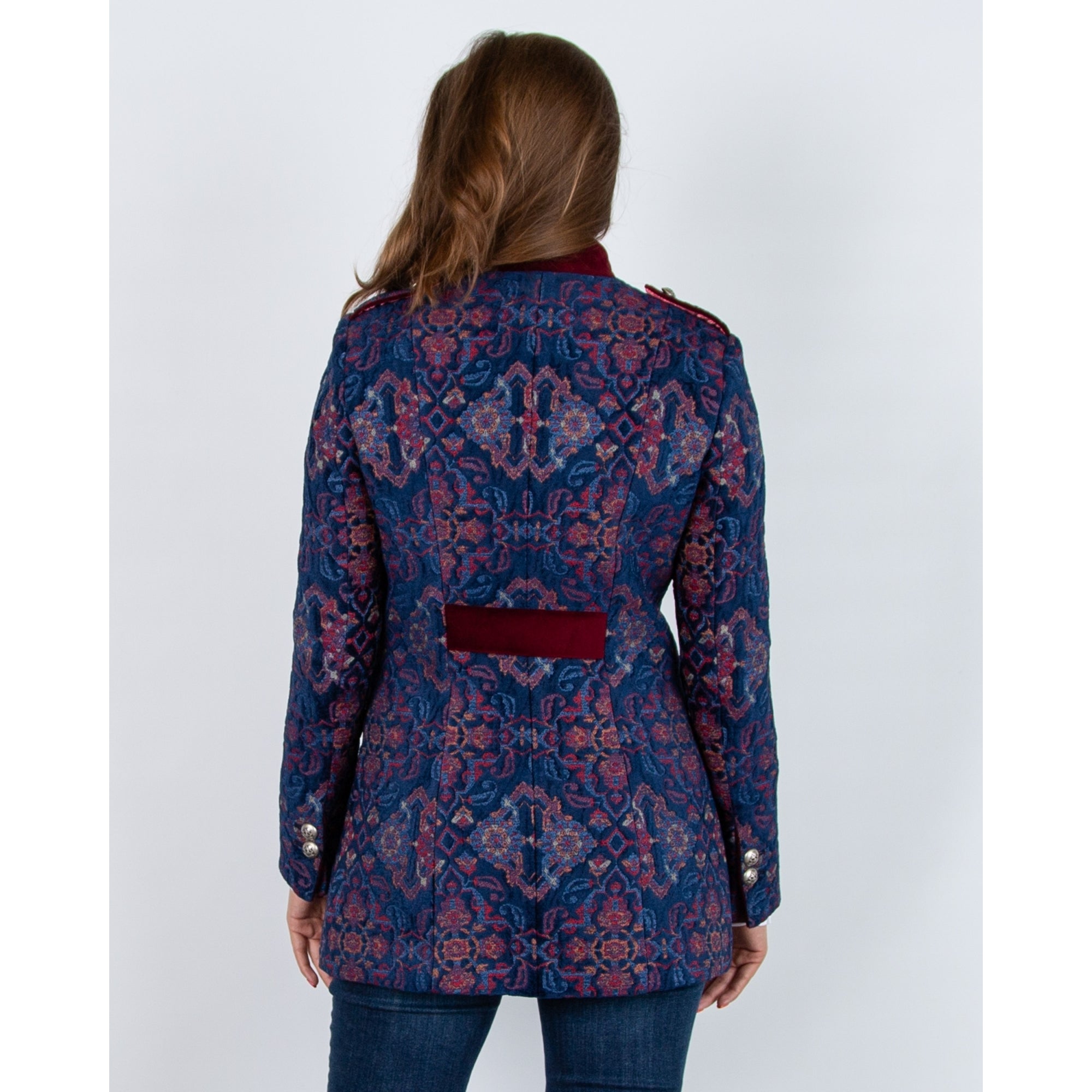 Bariloche Navarra Jacquard Velvet Mandarin Jacket With Trim Navy/red
