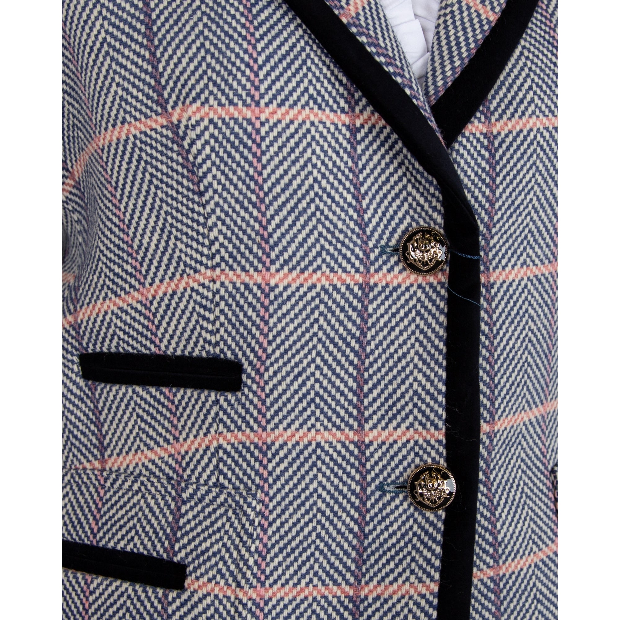 Bariloche Sevilla Herringbone Check Blazer With Velvet Trim Blue/cream