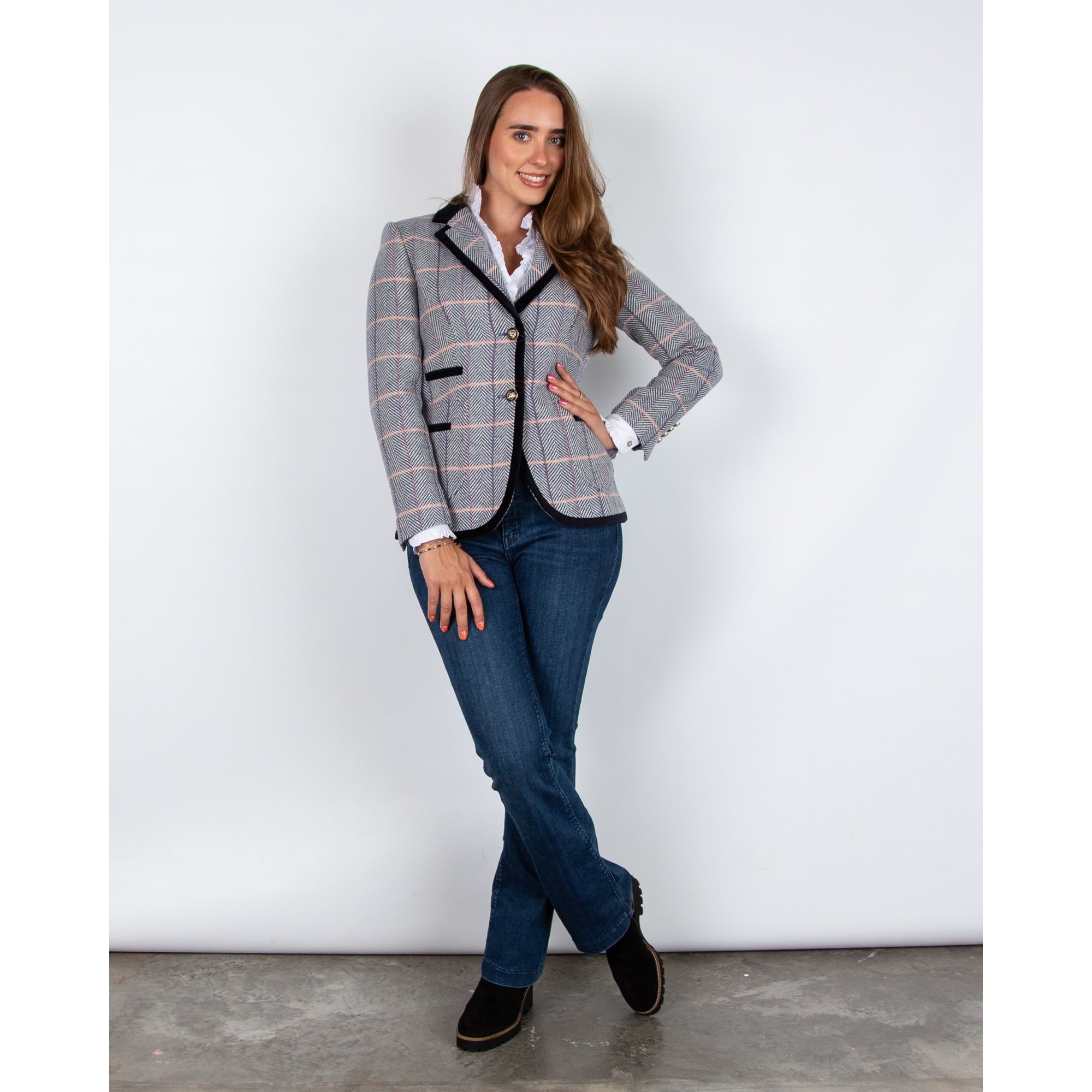 Bariloche Sevilla Herringbone Check Blazer With Velvet Trim Blue/cream