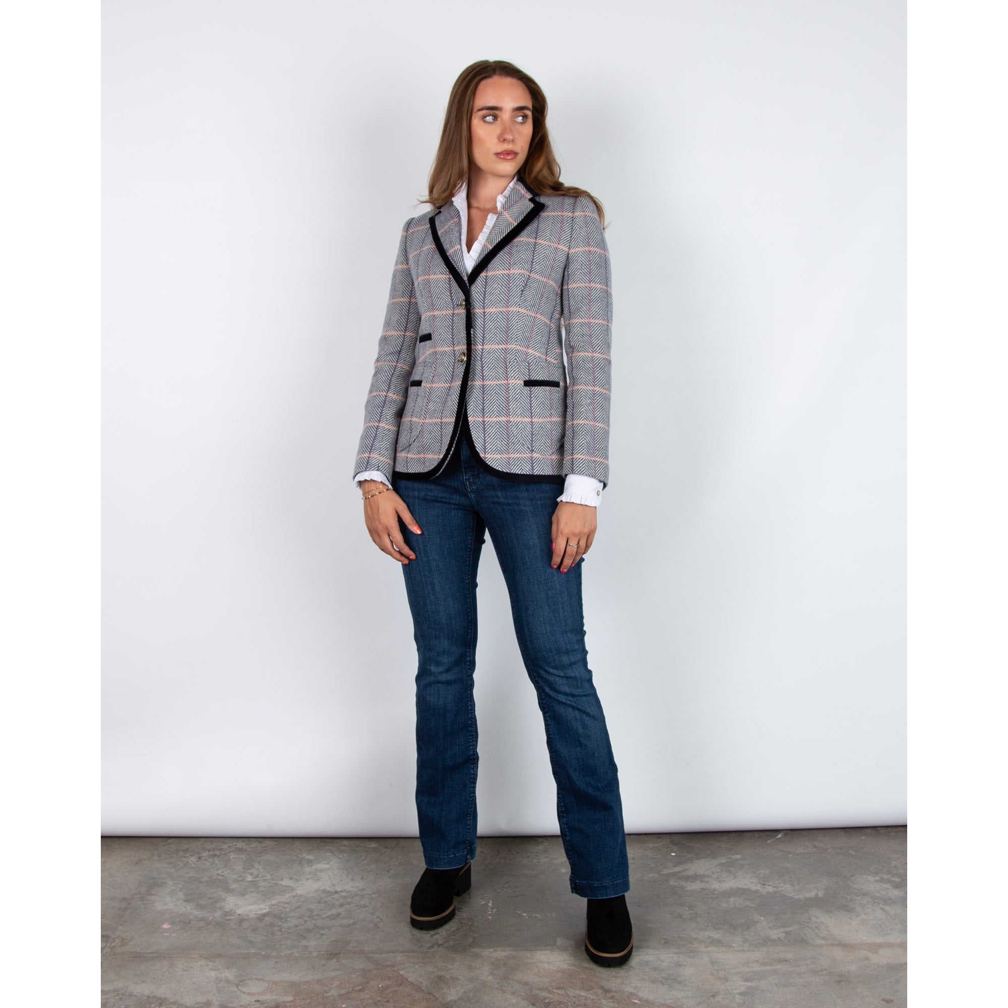 Bariloche Sevilla Herringbone Check Blazer With Velvet Trim Blue/cream