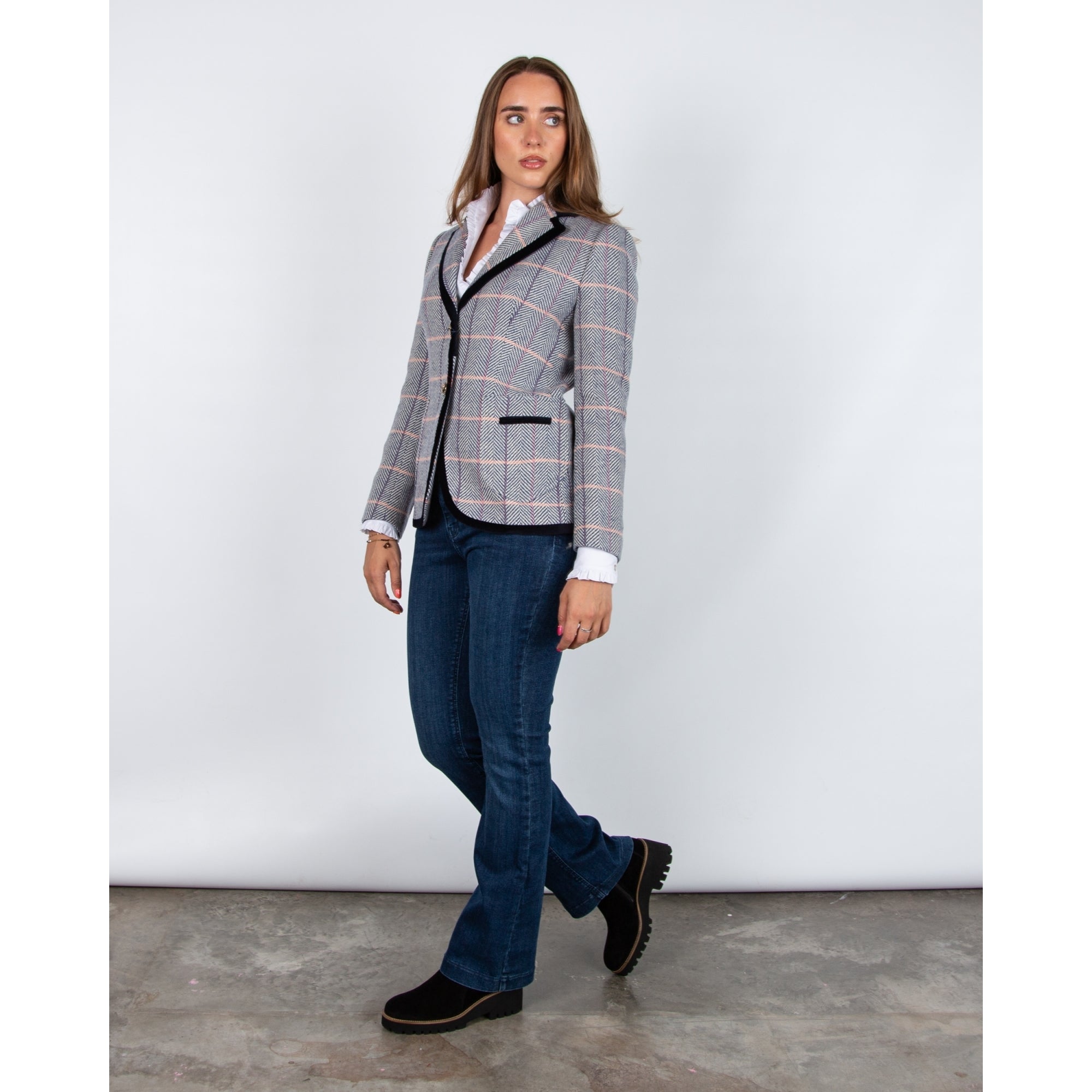 Bariloche Sevilla Herringbone Check Blazer With Velvet Trim Blue/cream