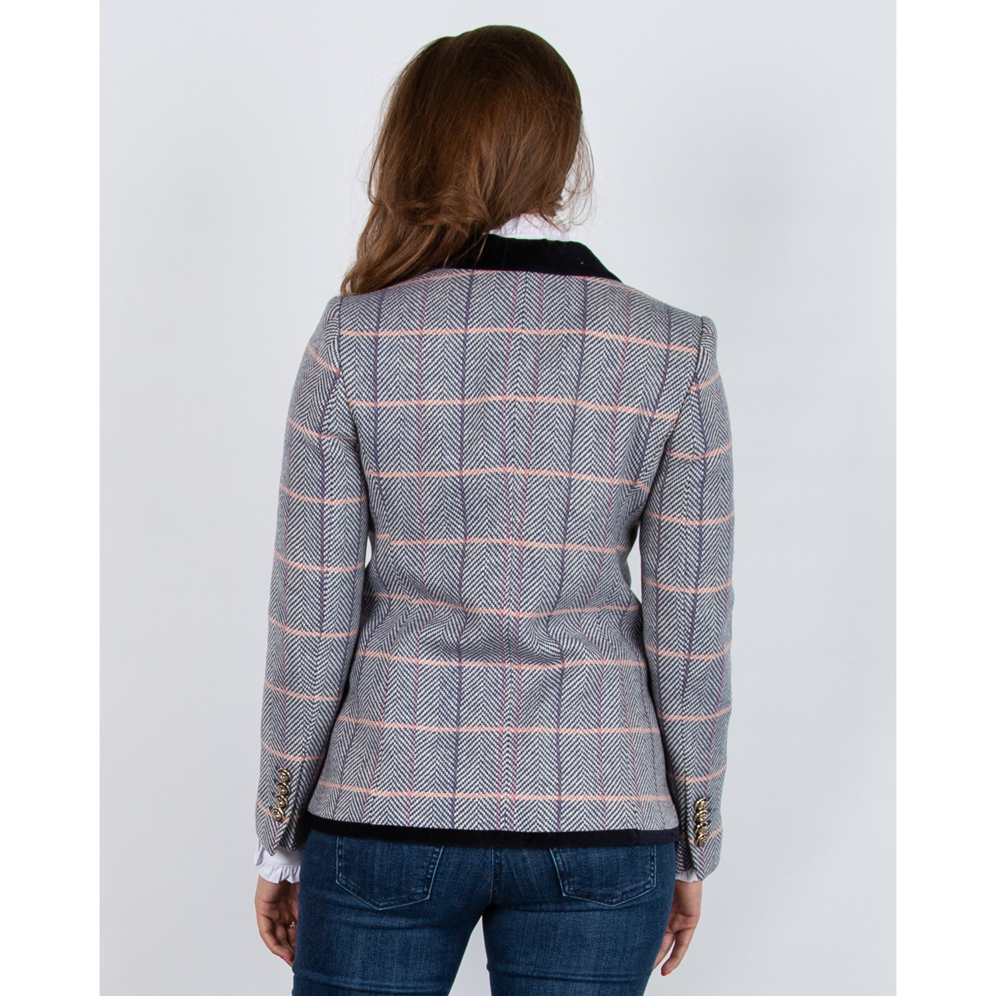 Bariloche Sevilla Herringbone Check Blazer With Velvet Trim Blue/cream