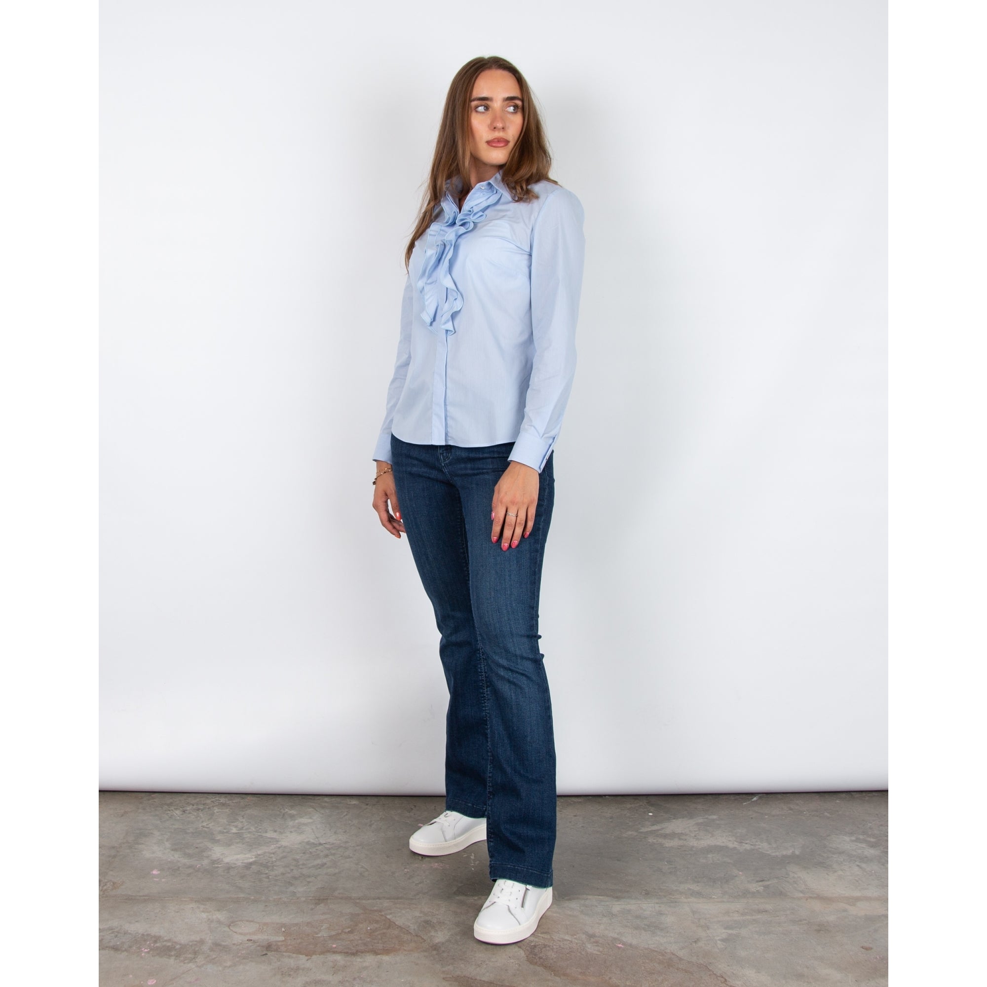 Bariloche Mantis Cotton Stretch Ruffle Front Baby Stripe Shirt Light Blue