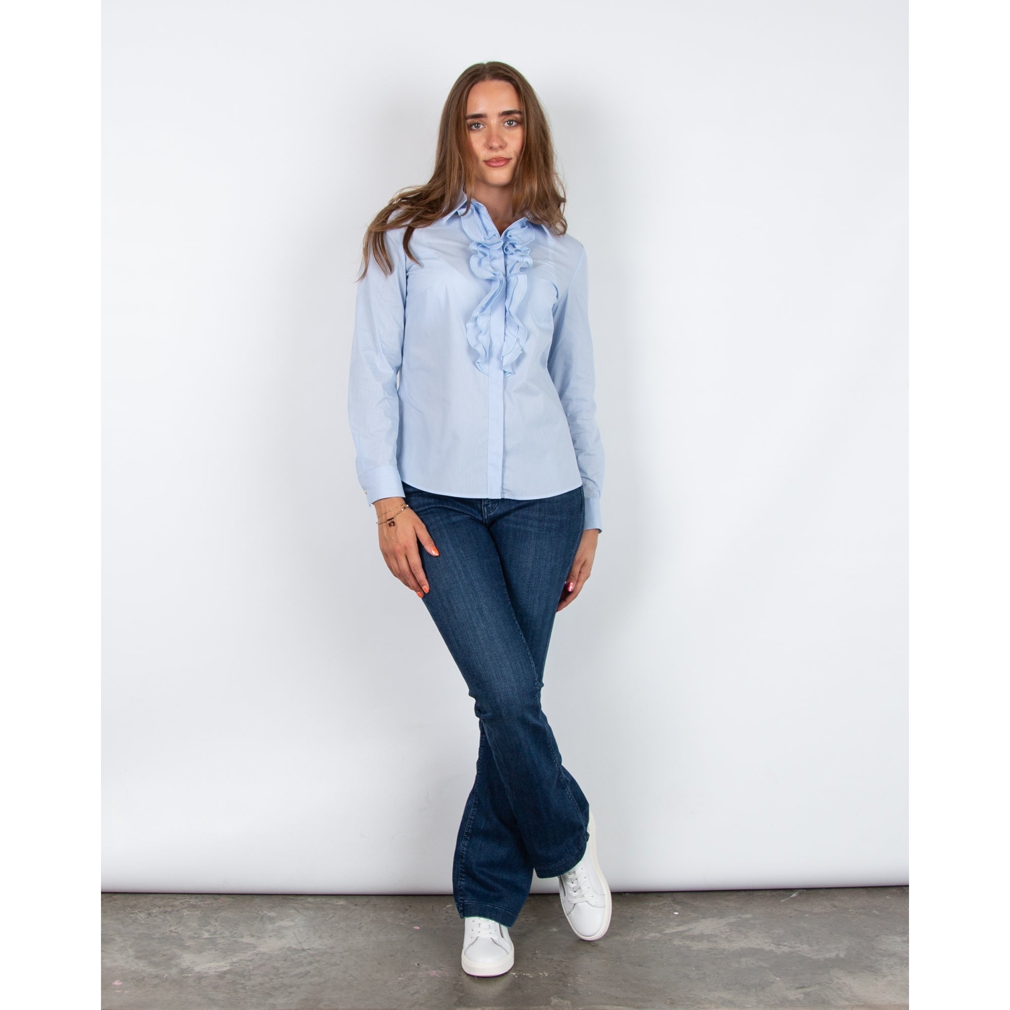 Bariloche Mantis Cotton Stretch Ruffle Front Baby Stripe Shirt Light Blue