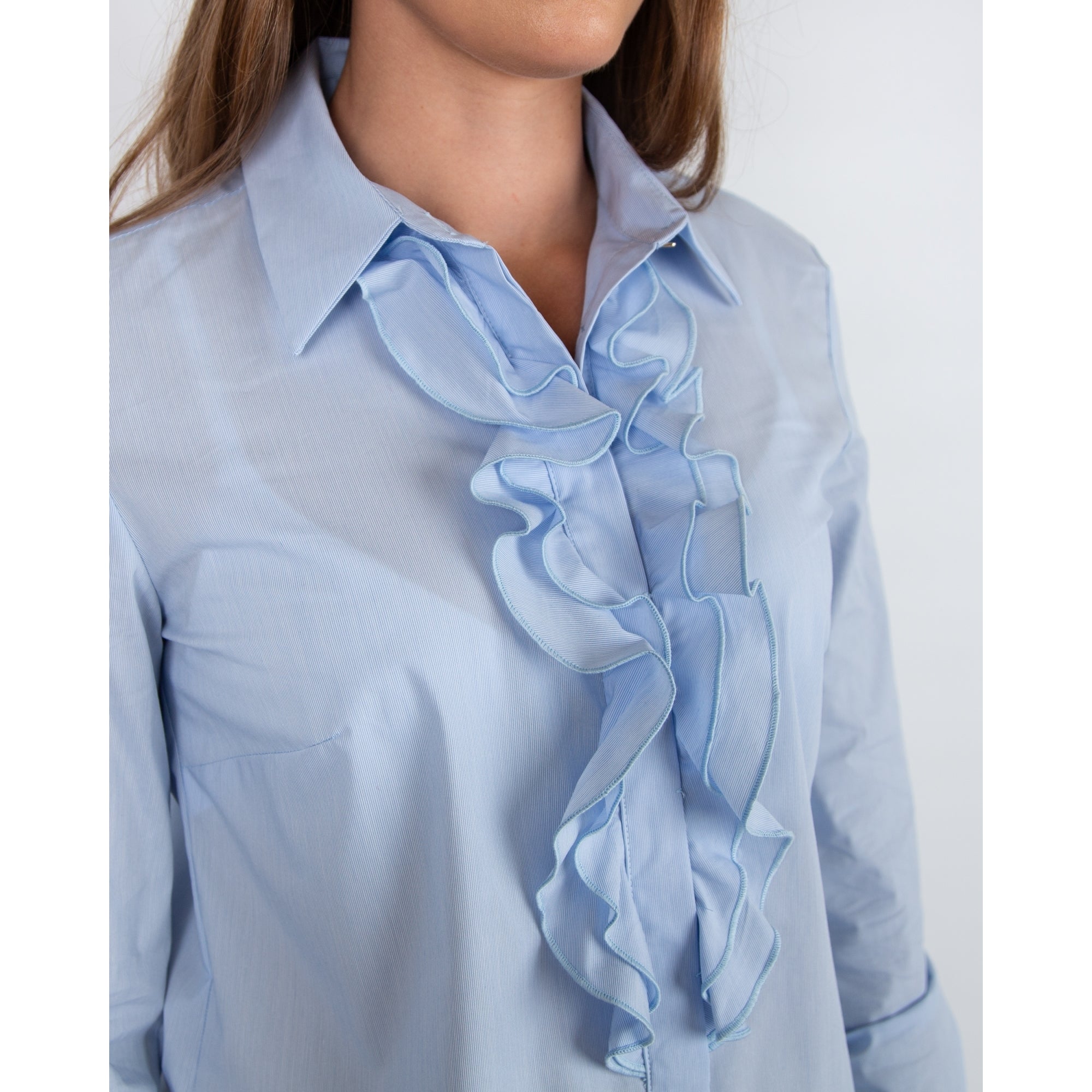 Bariloche Mantis Cotton Stretch Ruffle Front Baby Stripe Shirt Light Blue