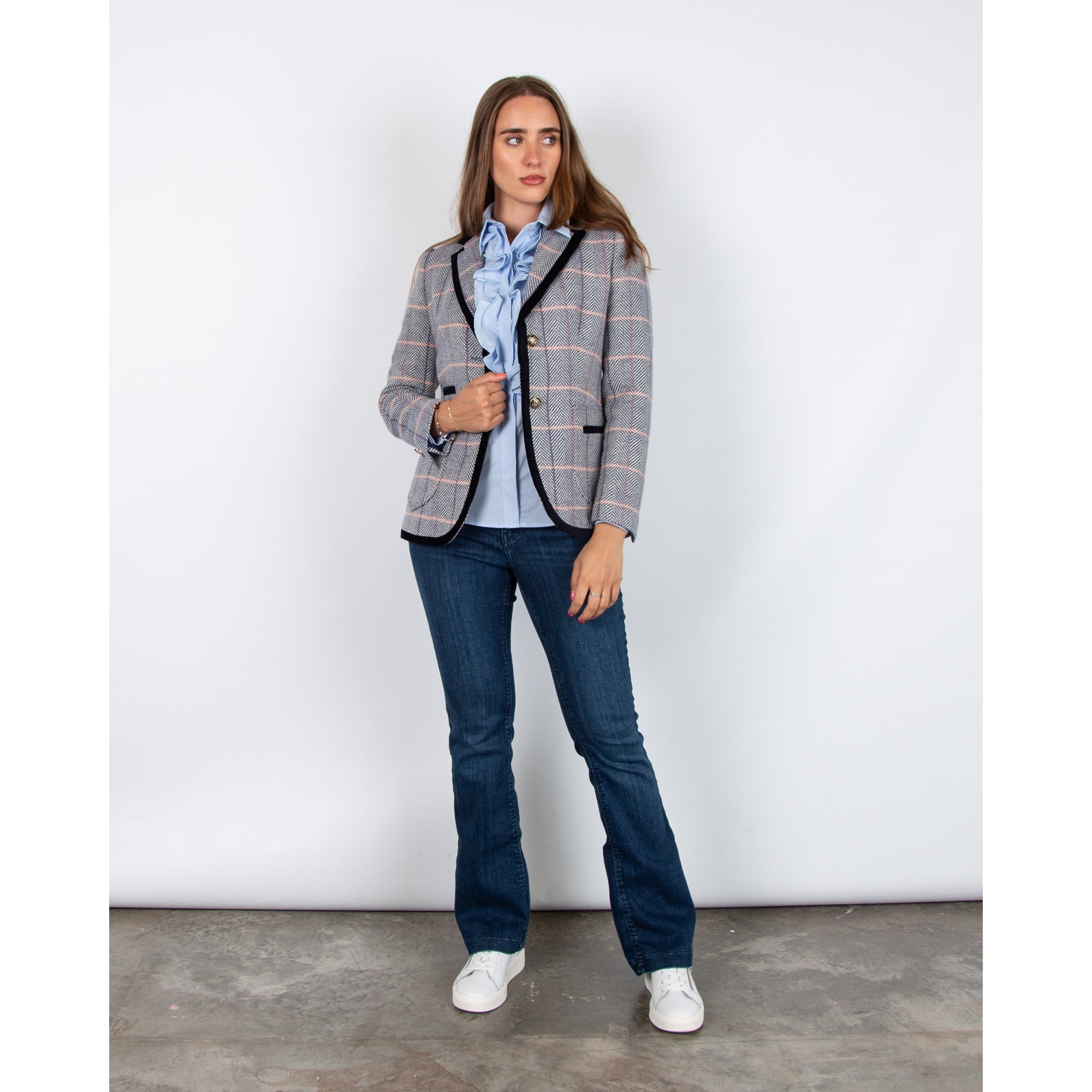 Bariloche Mantis Cotton Stretch Ruffle Front Baby Stripe Shirt Light Blue